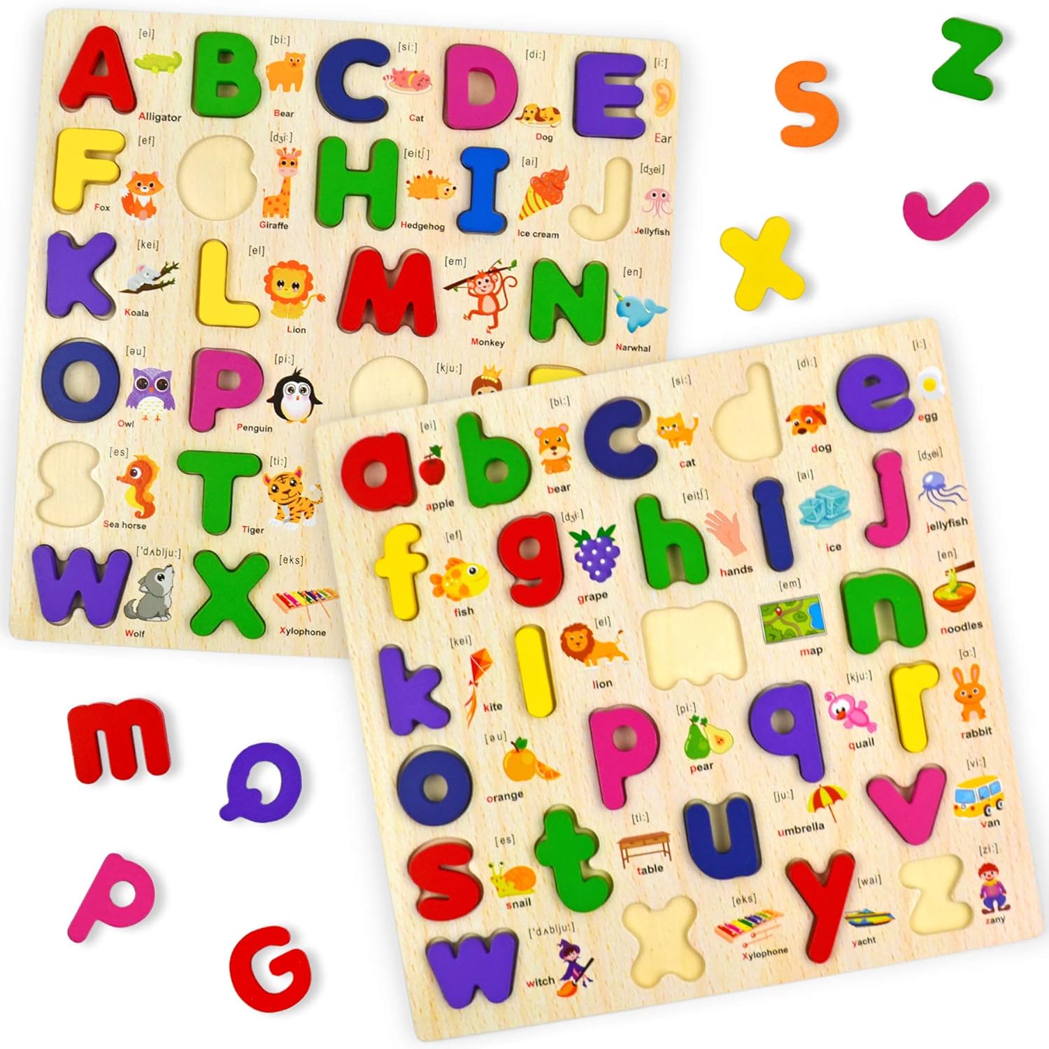 Rompecabezas de madera del alfabeto para niños de 2 a 4 años, juego de rompecabezas preescolares clásicos de aprendizaje ABC con clavijas, letras
