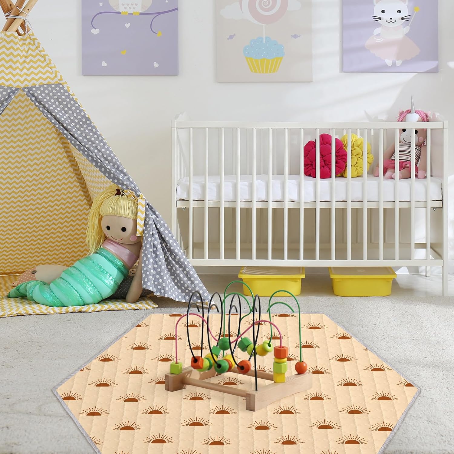 Funtery Tapete hexagonal para corralito de animales del bosque, tapete de juego para bebé, plegable, suave, portátil, lavable, cómodo, colchón