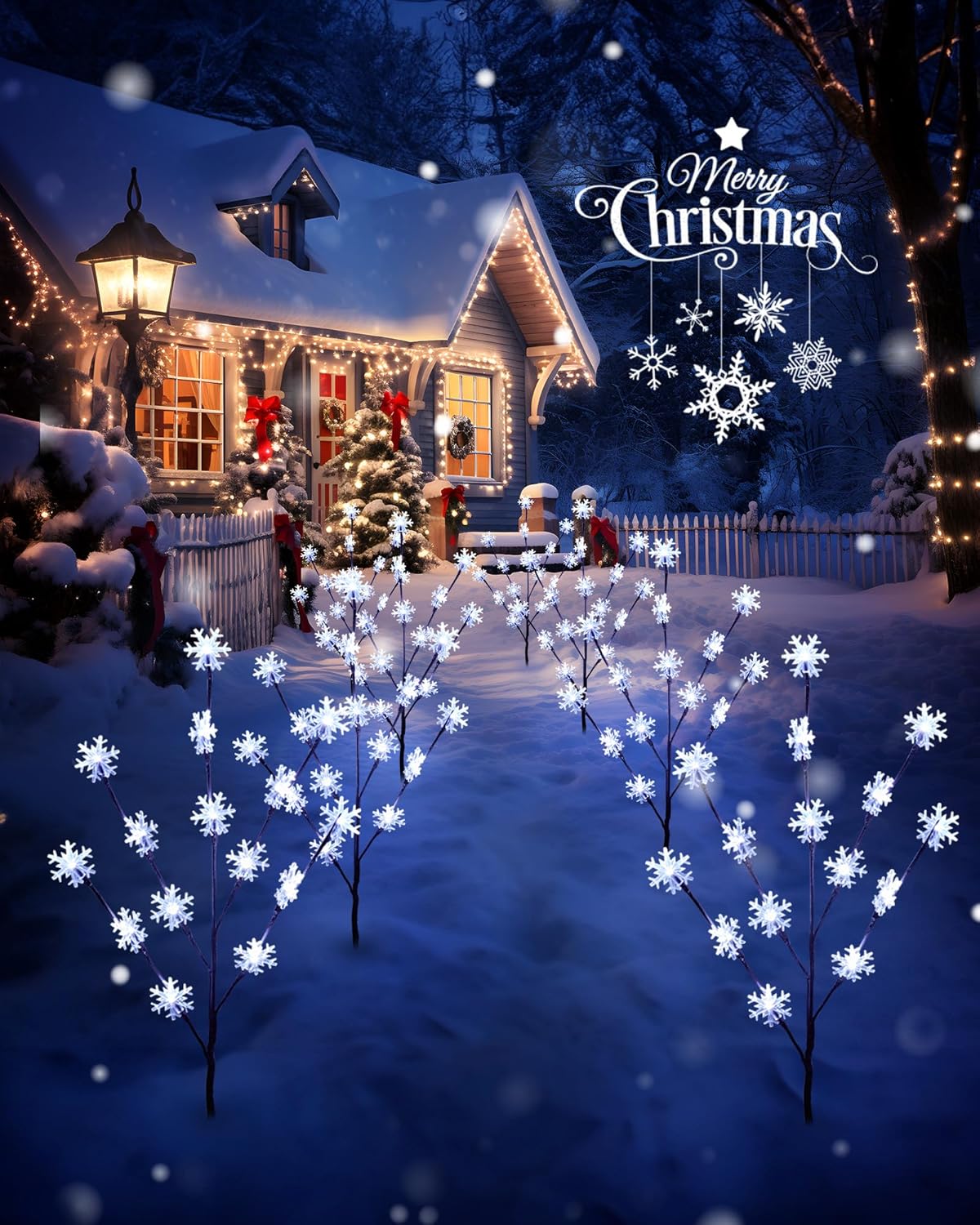 Luces de copo de nieve para caminos al aire libre, 4 paquetes de ramas iluminadas, decoración de patio de Navidad, árbol de Navidad pequeño con