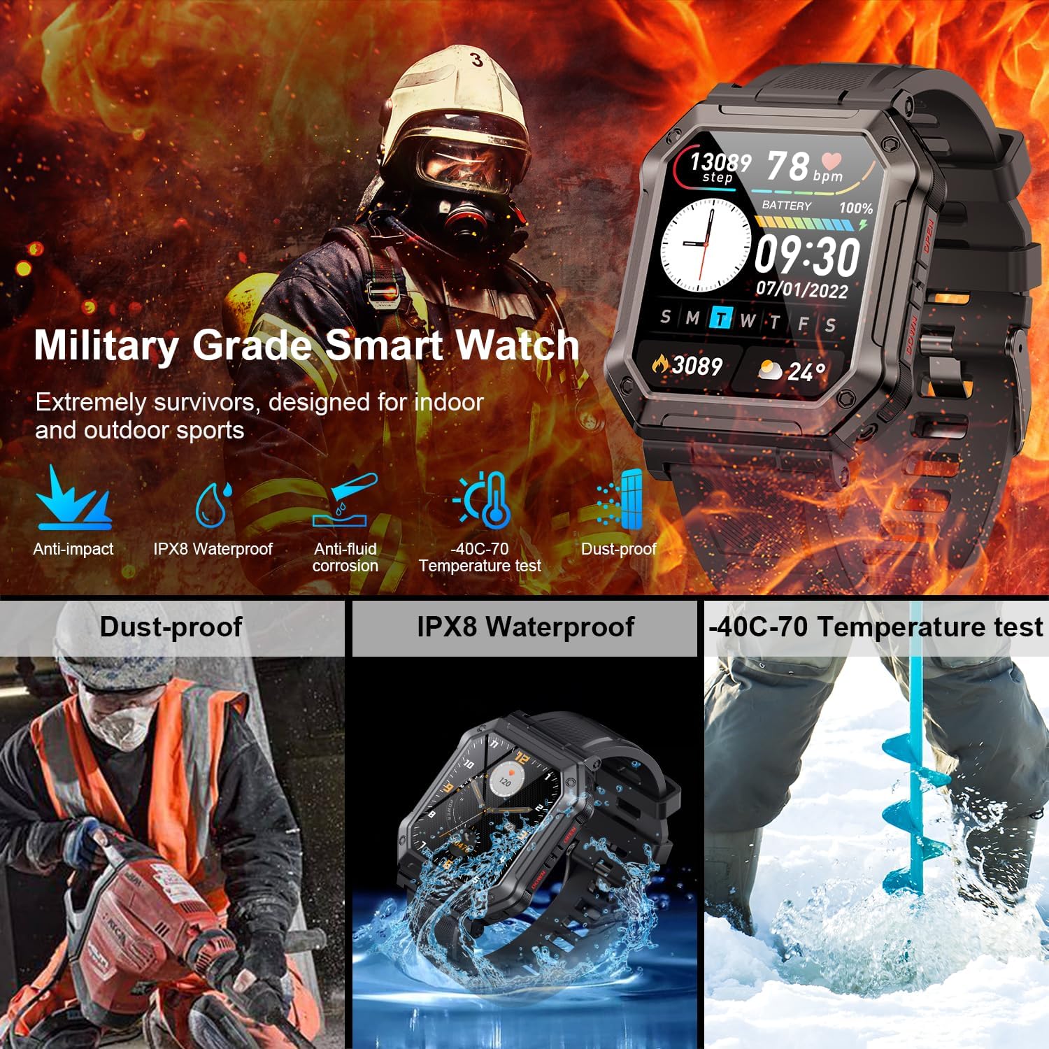 Reloj inteligente para hombre, rastreador de ejercicio (llamadarespuesta de llamadas) Bluetooth táctico militar reloj inteligente para teléfonos