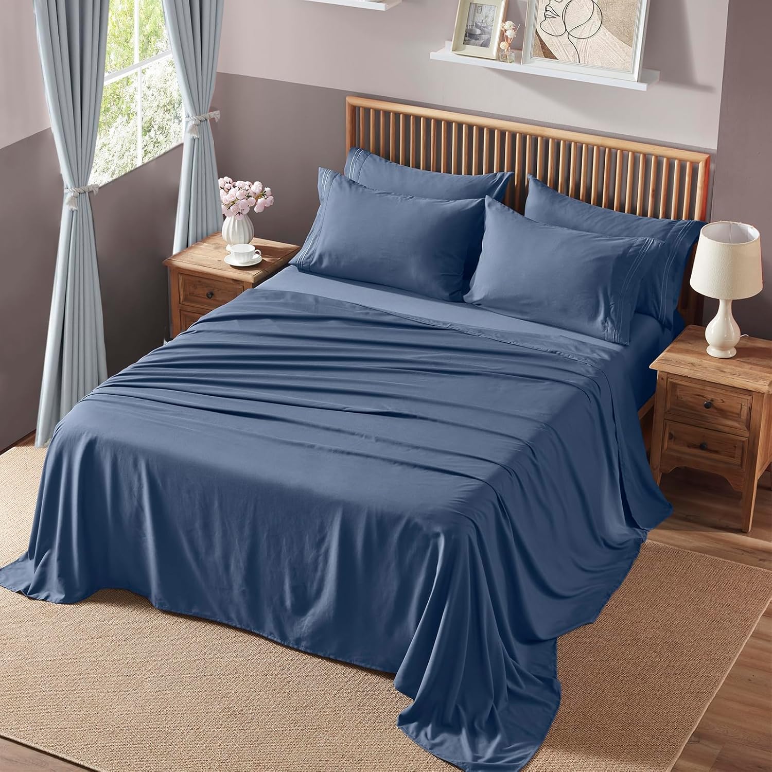 Homiest Juego de sábanas de bolsillo extra profundo, 6 piezas suaves de color azul polvoriento de 18 a 24 pulgadas, sábanas de microfibra de lujo de