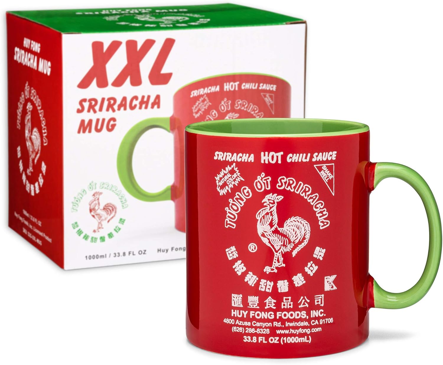 Sriracha2Go – Taza de cerámica roja y verde con salsa picante de chile Sriracha, XXL, 33.8 onzas