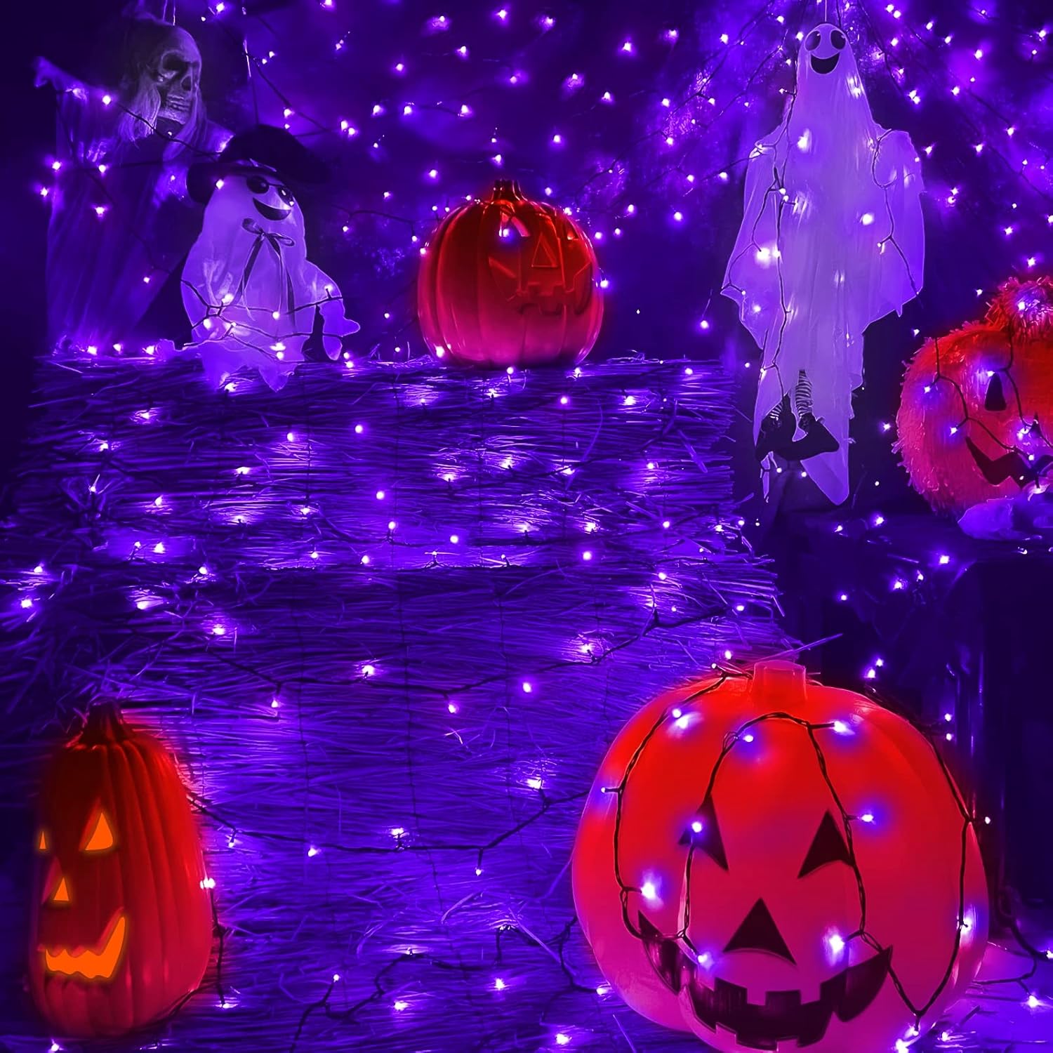 TURNMEON Tira de luces LED moradas de Halloween de 50 pies a 150 pies para exteriores, funciona con pilas, cable negro con impermeable,