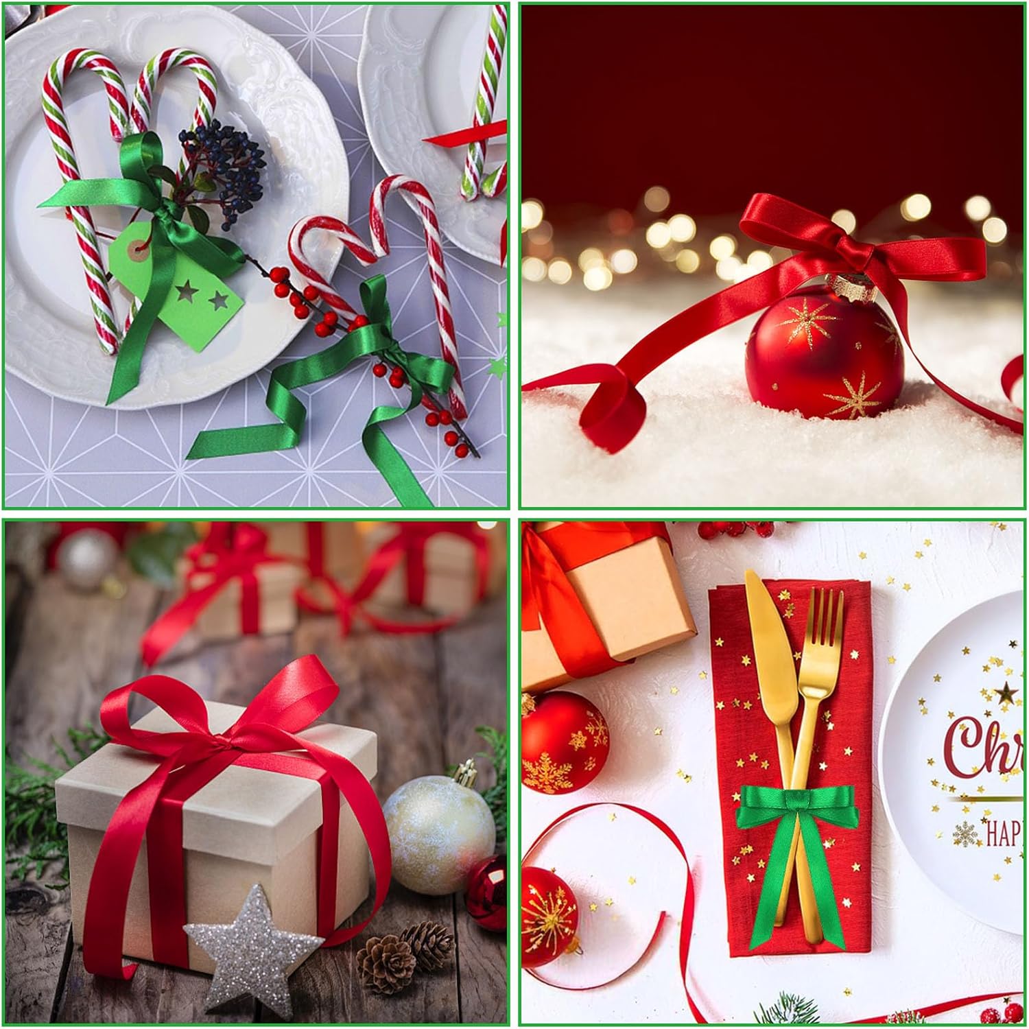 DECYOOL – 4 rollos de cintas navideñas de satén de 100 yardas de 0.591 in de ancho, para envolver regalos y decoración de Navidad, color rojo y verde
