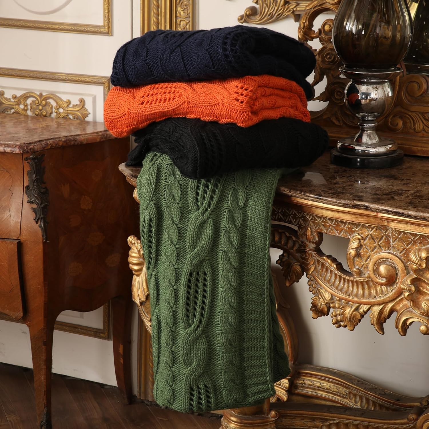 Amélie Home Manta negra para sofá, manta de punto trenzado hueco, suave, acogedora, ligera y transpirable, decorativa de primavera para sofá,