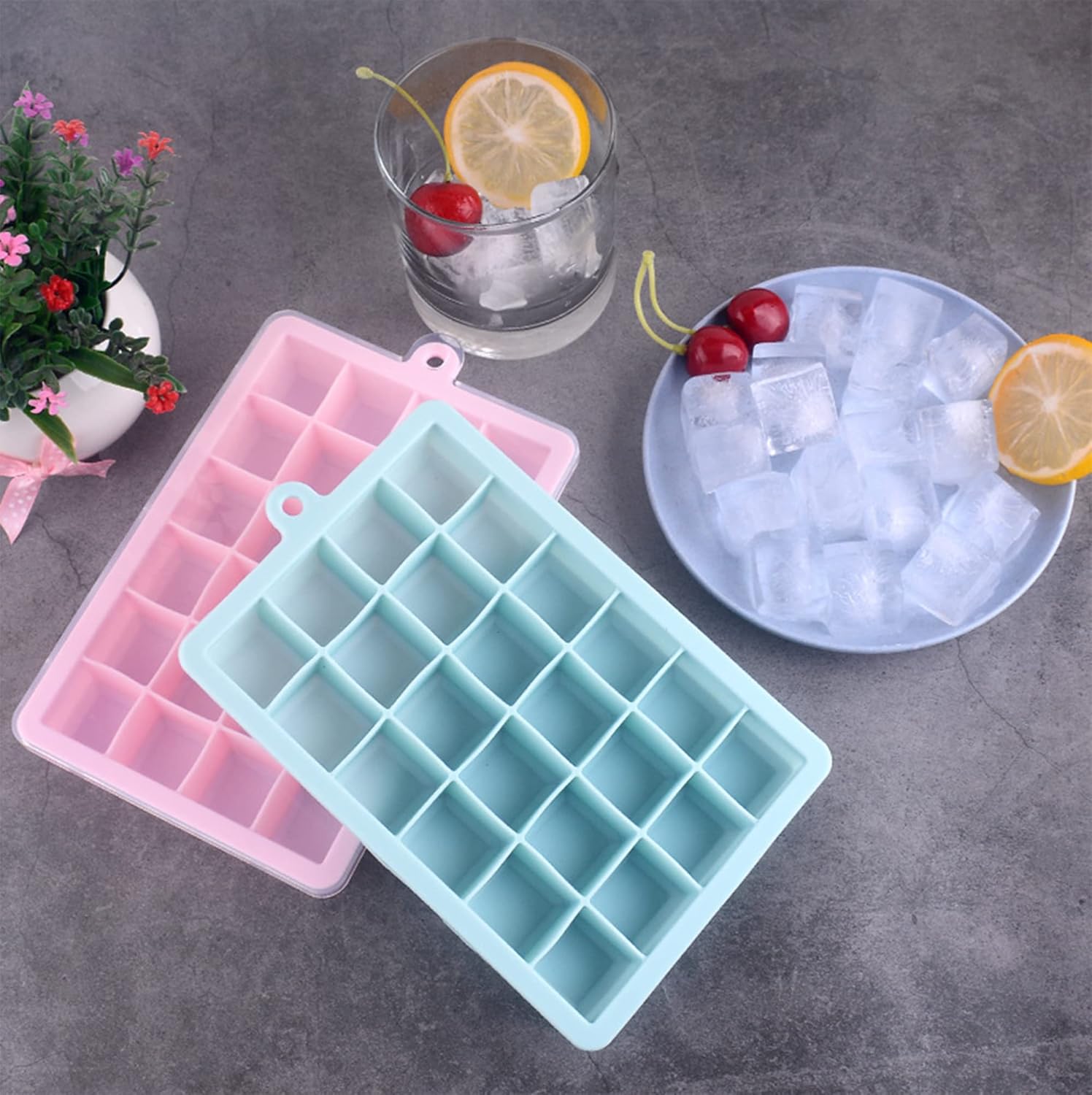 Bandejas para cubitos de hielo, paquete de 4 bandejas de hielo de silicona flexible con tapa extraíble, bandeja de 24 cubos de fácil liberación para