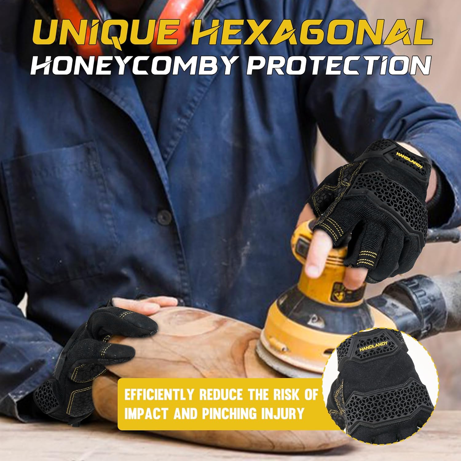 Guantes de trabajo de carpintero con palma para reducir impactos, guantes de trabajo acolchados de medio dedo con agarre de seguridad, protector de