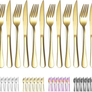 Evanda Juego de cuchillos dorados para carne, 12 piezas, acero inoxidable chapado en titanio dorado, 6 tenedores y 6 cuchillos de cena, cuchillos Evanda Juego de cuchillos dorados para carne, 12 piezas, acero inoxidable chapado en titanio dorado, 6 tenedores y 6 cuchillos de cena, cuchillos