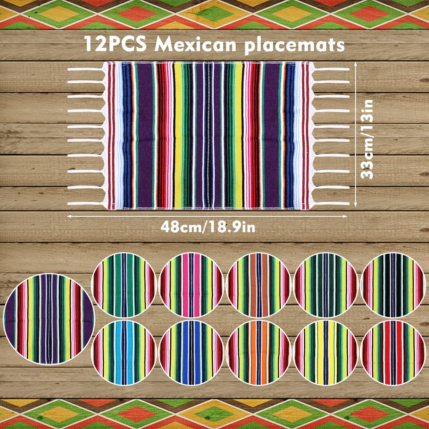 Paquete de 12 manteles individuales mexicanos, 12.99 x 18.89 pulgadas, manteles individuales mexicanos de serape mexicano, manteles individuales