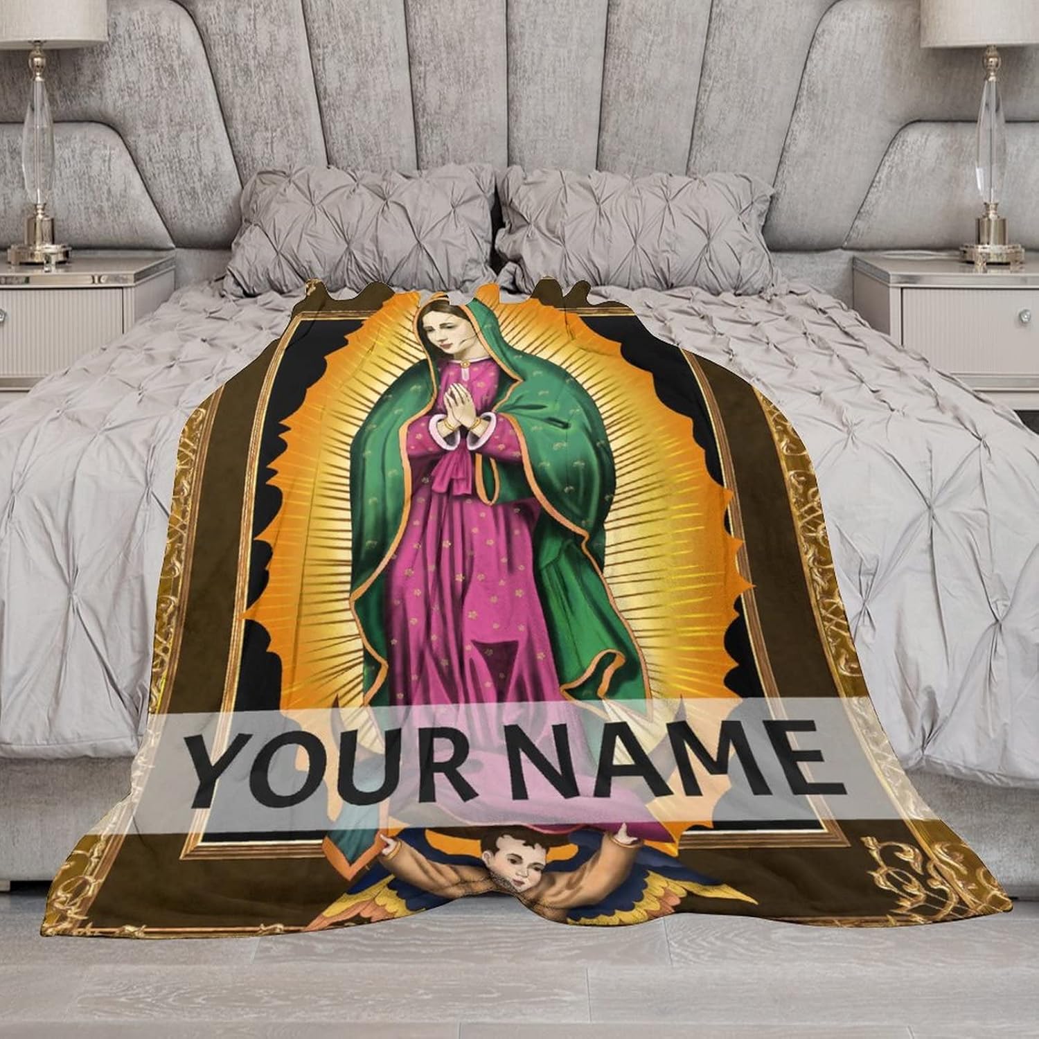 Manta católica personalizada para regalo con texto de nombre, manta de 50 x 60 pulgadas, manta de Virgen de Guadalupe ligera, suave, acogedora,