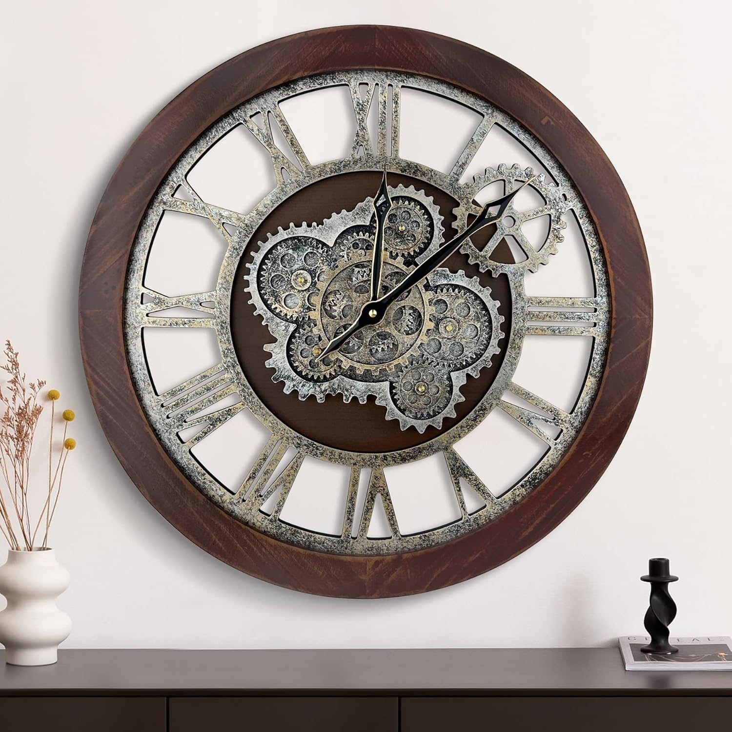 HOIBAI Reloj de pared, relojes para decoración de sala de estar, 20 pulgadas, reloj de pared grande con engranajes móviles, estilo granja, vintage,
