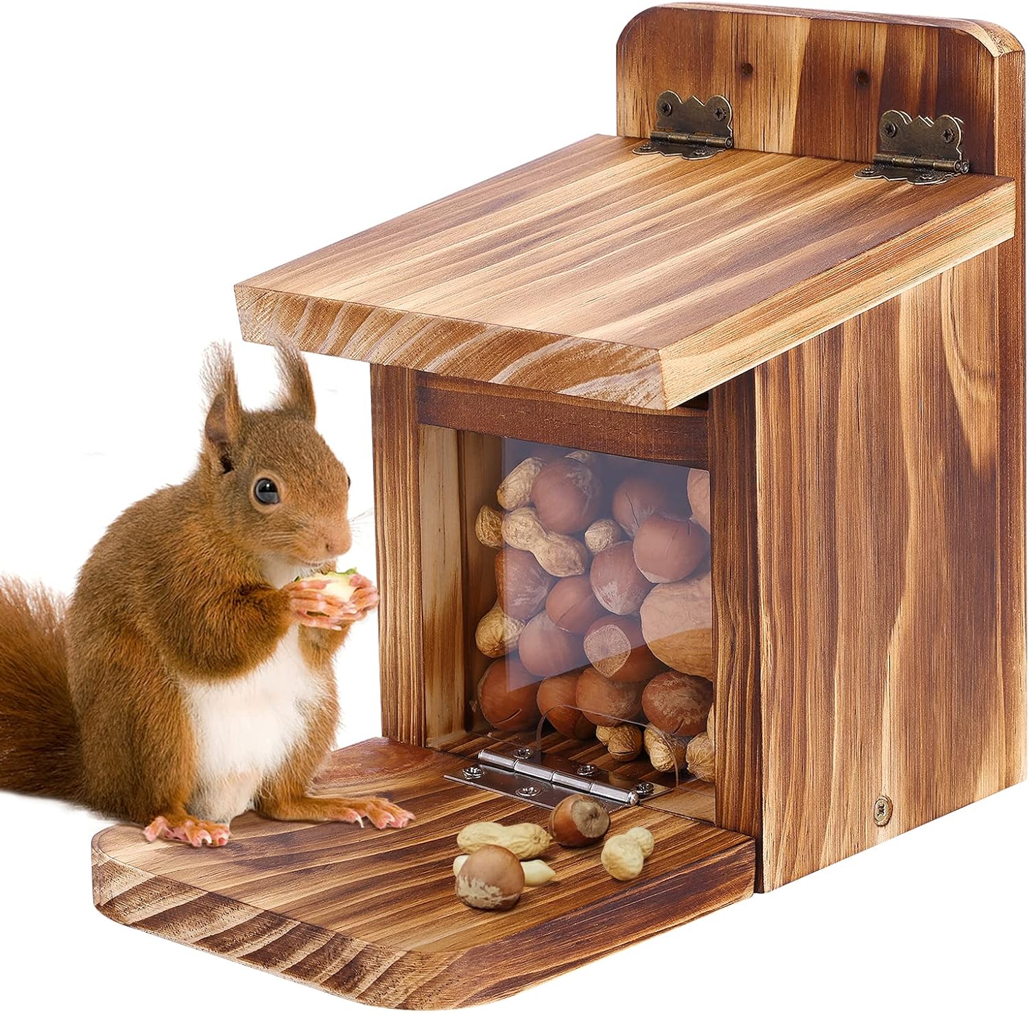 MIXXIDEA Caja de alimentación de ardilla de madera, resistente casa de alimentación de ardillas con grosor de madera de 0.6 in, no requiere montaje,