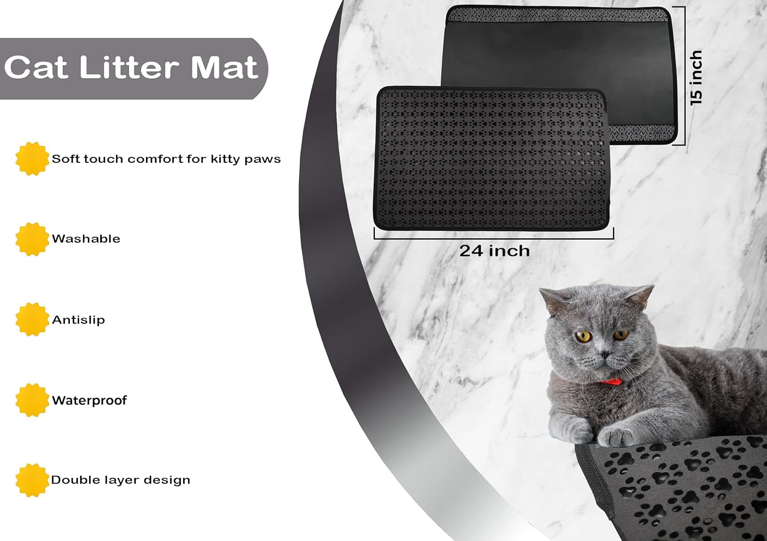 Tapete de arena para gatos para atrapar arena (guantes de aseo para mascotas para mascotas con cepillos incluidos) de doble capa con diseño de patas