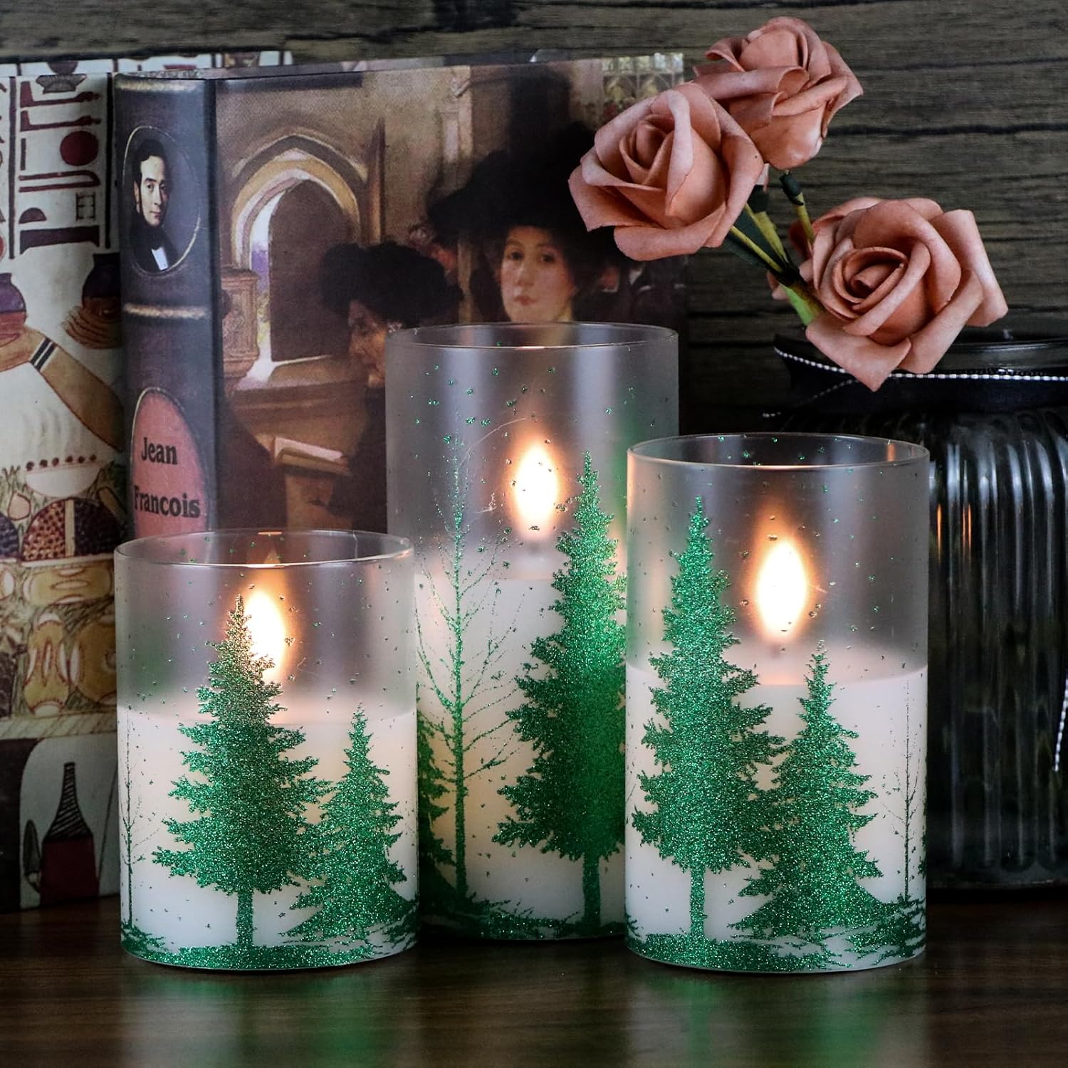 DRomance Velas de cristal sin llama de árbol de Navidad con temporizador remoto, funciona con pilas, cera real, mecha 3D, luces LED parpadeantes,