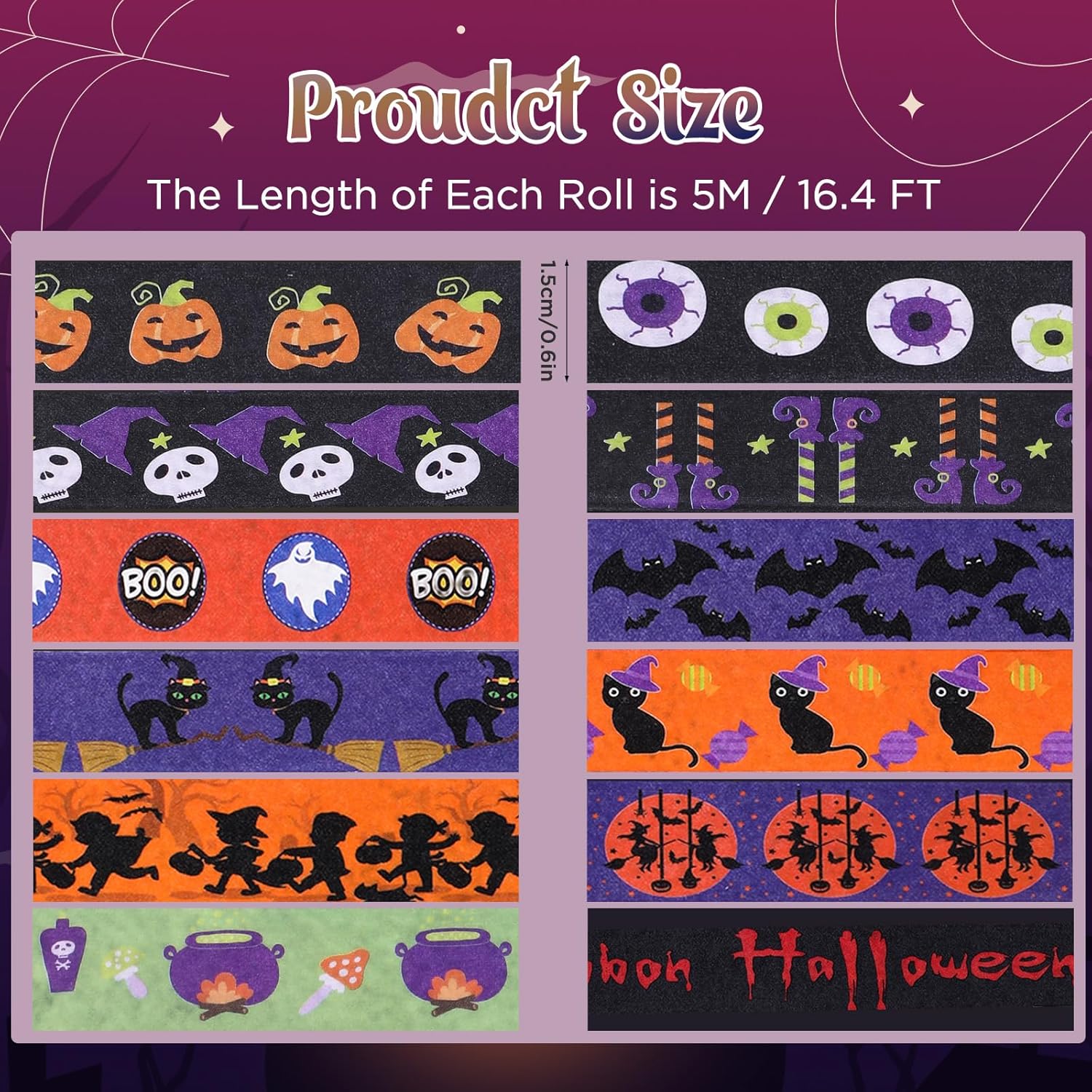 12 rollos de cinta Washi de Halloween, cinta decorativa de terror de Halloween con patrones de telaraña de calabaza, fantasma, murciélago, araña,
