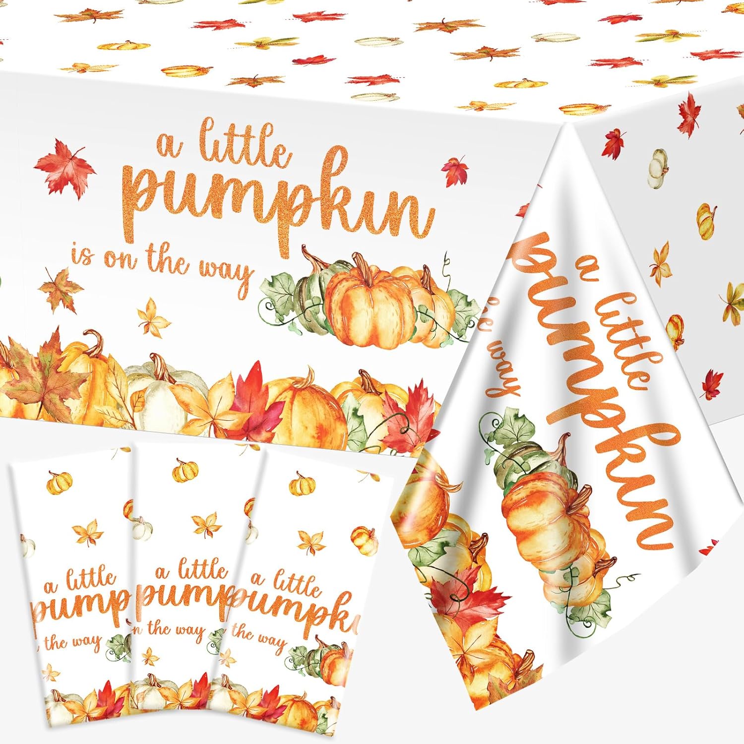 3 manteles de calabaza pequeña para decoración de fiesta de baby shower, con texto en inglés “A Little Pumpkin is On The Way” para baby shower,