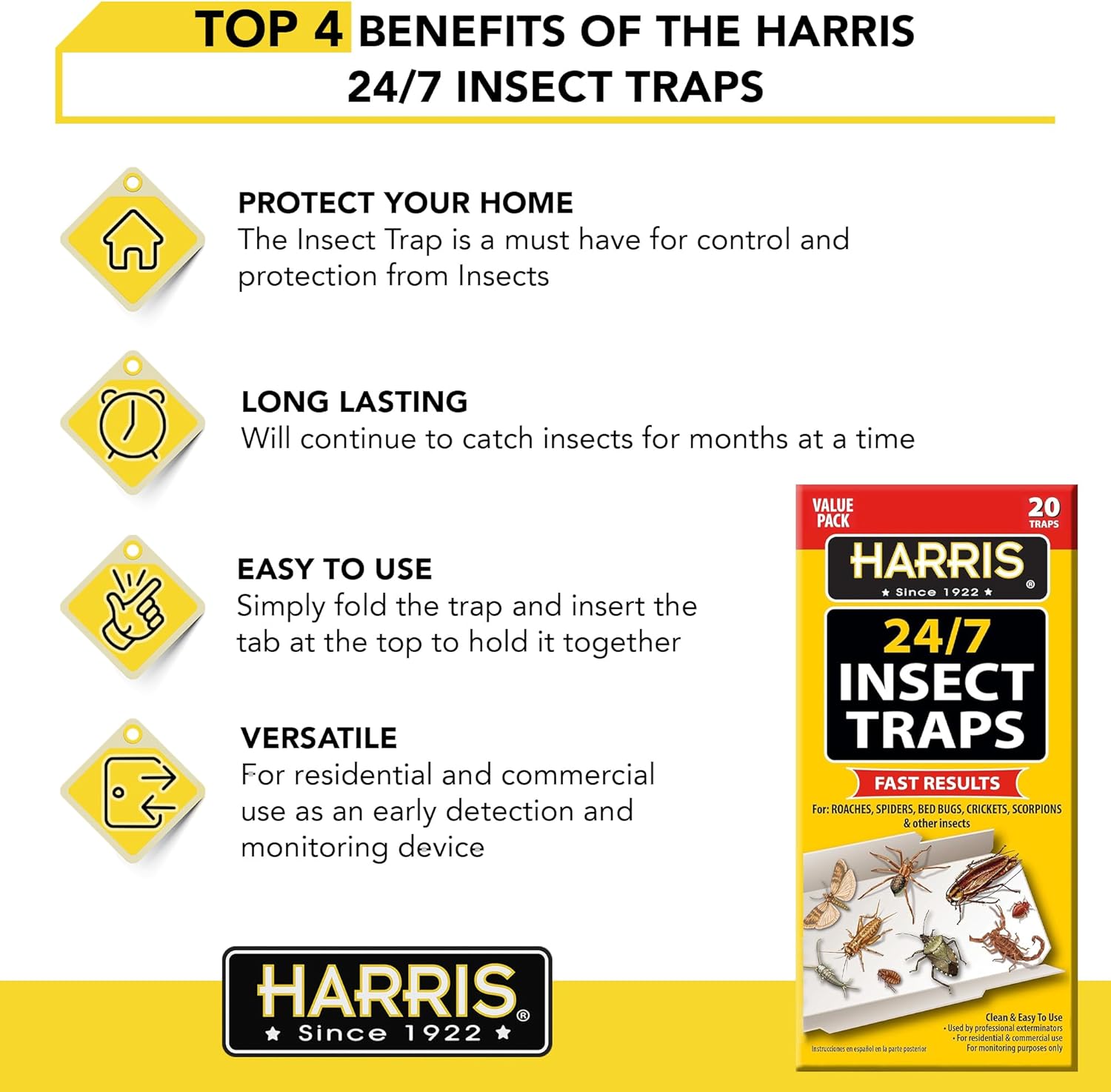Harris Trampa para insectos 247 para cucarachas, arañas, chinches, grillos, escorpiones y más, paquete de 20 unidades