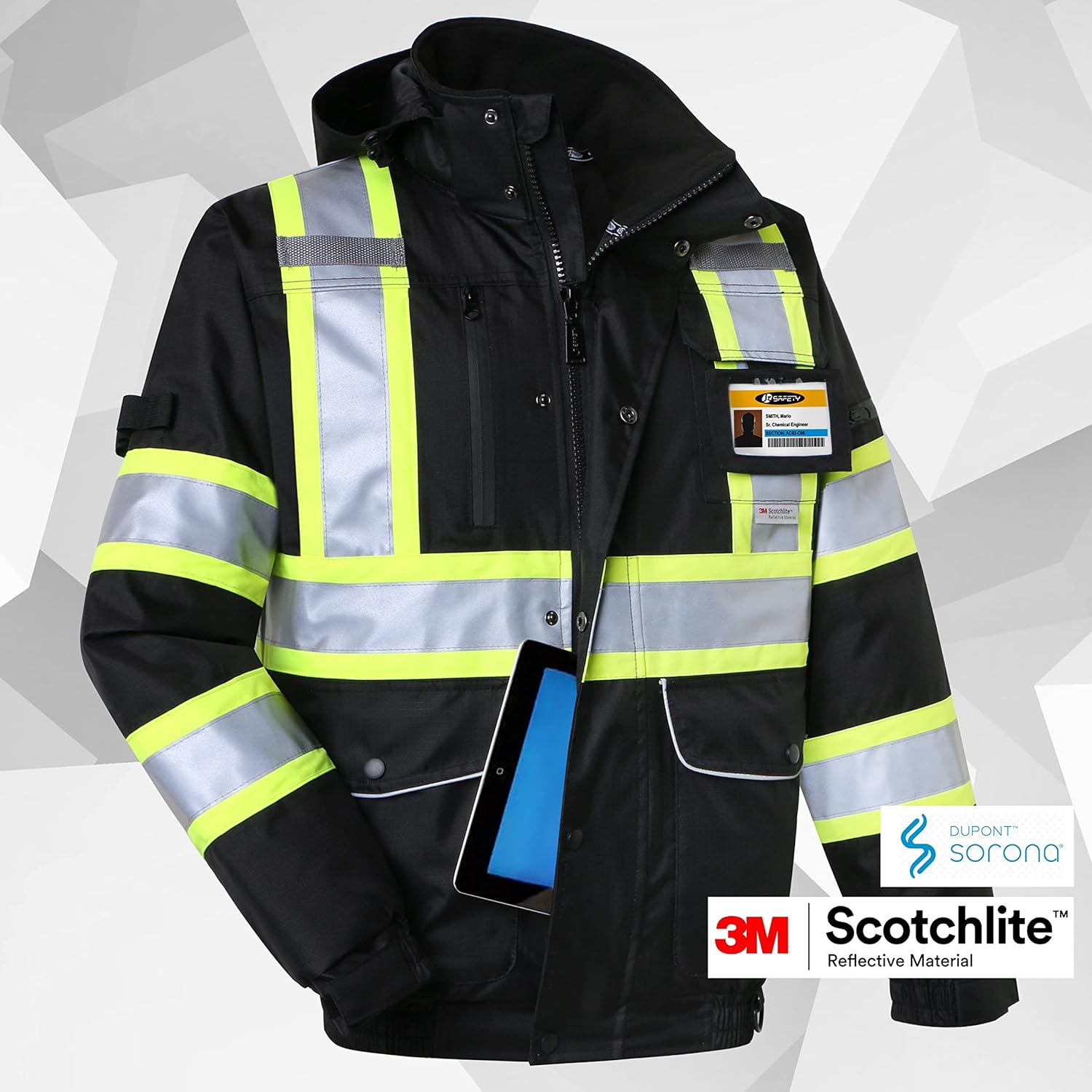 JKSafety Chaqueta bomber de invierno reflectante 3M impermeable de alta visibilidad con 10 bolsillos, color negro, bolsillo seguro para tableta,