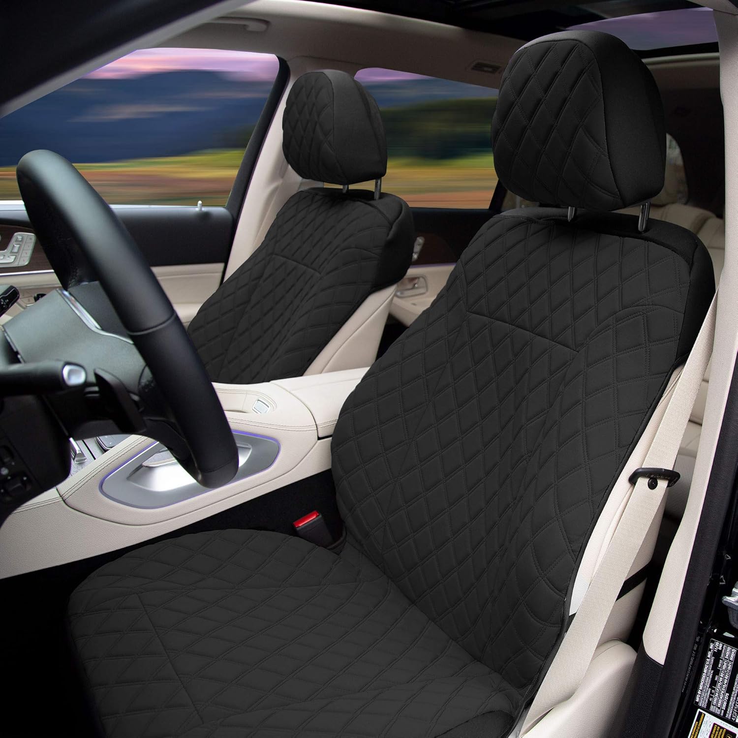 TLH Prestige 79 – Cojines de asiento de coche Neosupreme color negro con puntada de diamante, paquete de dos fundas de asiento para autos, camiones,