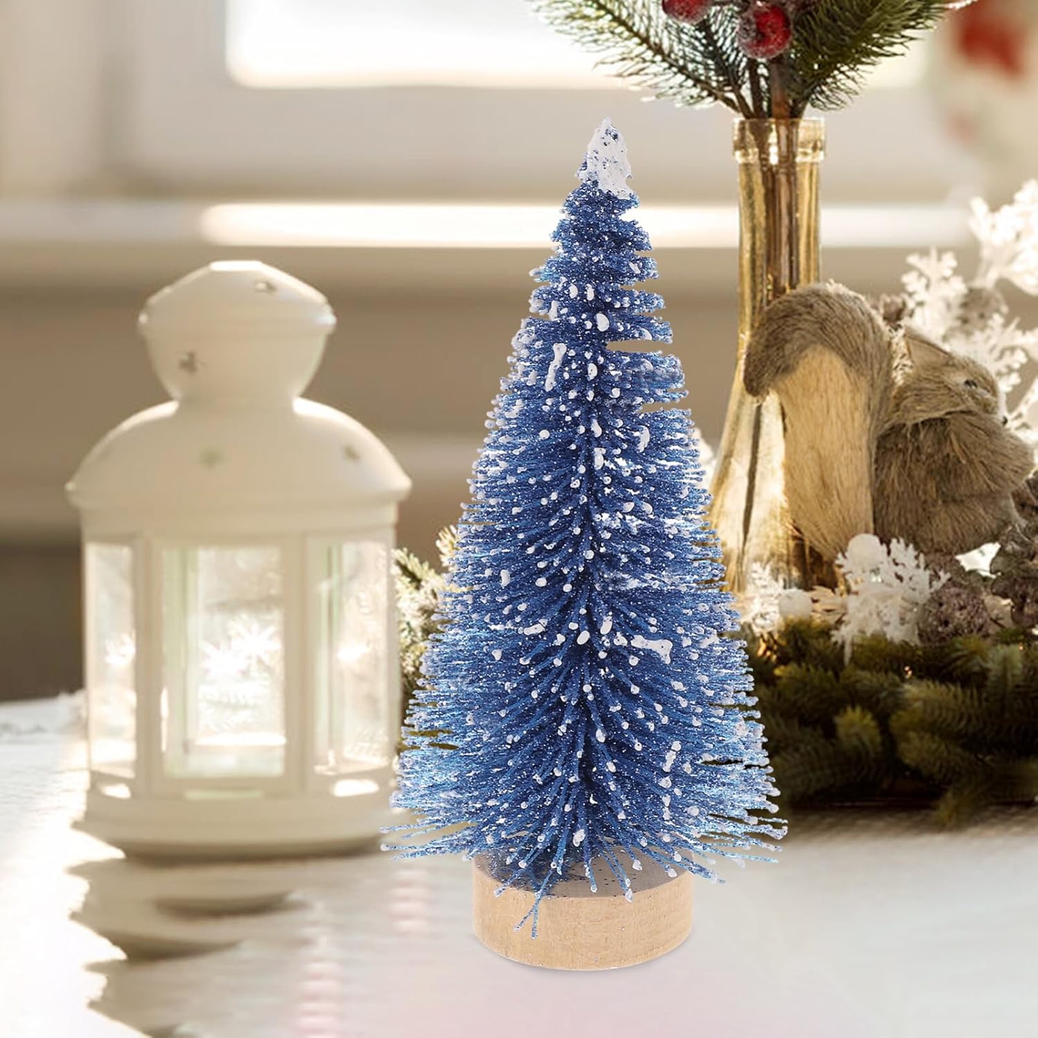 Decoración del hogar, mini árbol de Navidad artificial, 4 piezas, árboles de sisal artificiales, adornos de escarcha de nieve, cepillo para botella,