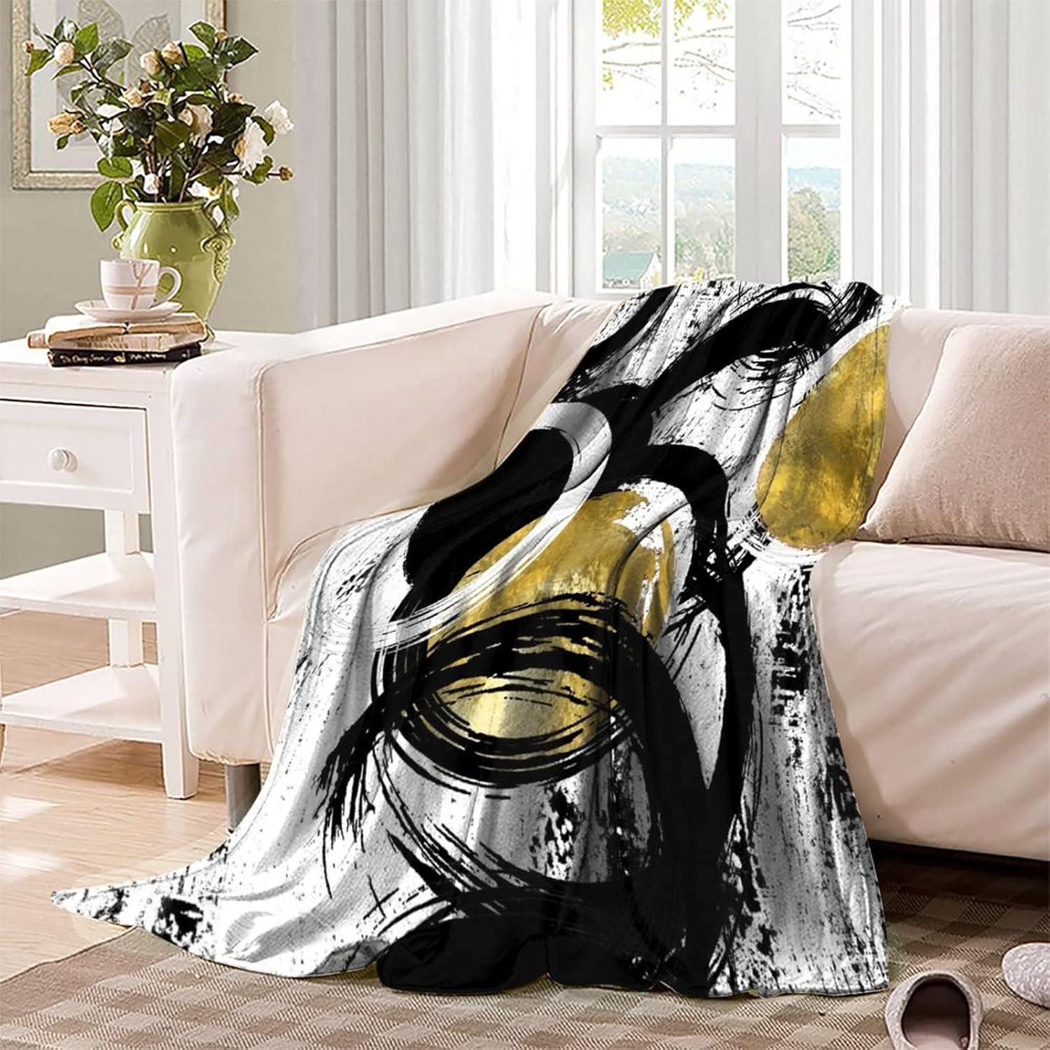 Manta moderna con estampado abstracto blanco y negro, textura geométrica de tinta dorada, pintura al óleo, manta suave para sofá, cama, viaje,