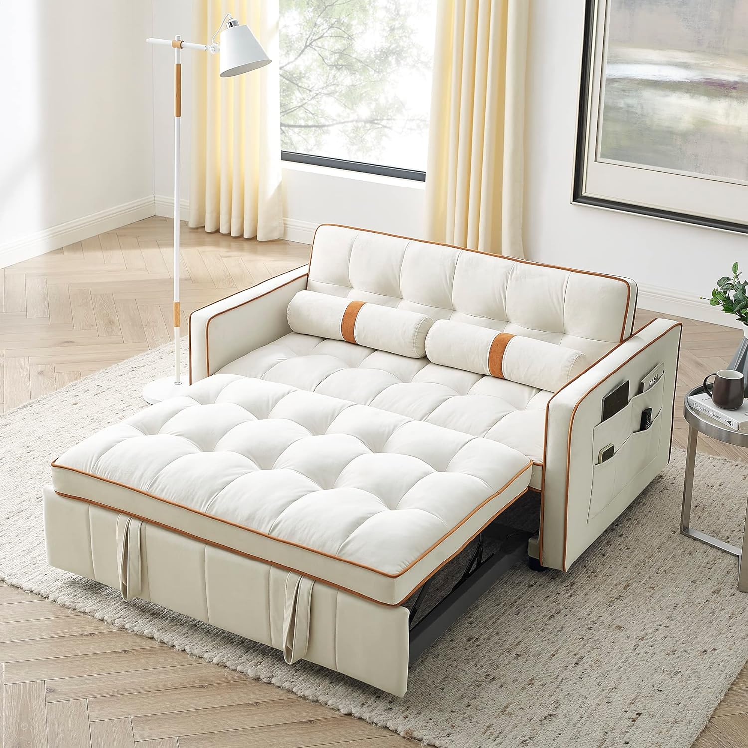 Sofá cama extraíble, color beige de 38.5 pulgadas de ancho + bolsillos laterales y almohadas lumbares