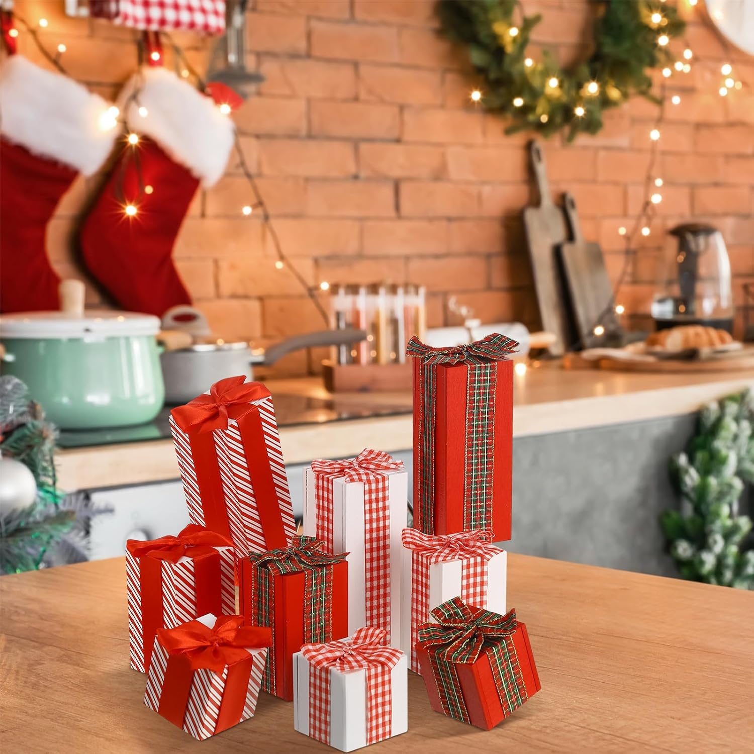Namalu Juego de 9 piezas de 3 piezas de madera rústica de Navidad, bloques de madera sintética, centros de mesa de Navidad para mesas, decoración de