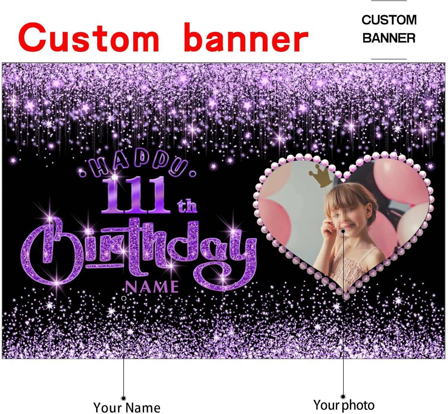 Cartel personalizable de decoración de feliz cumpleaños número 111, negro y morado brillante, tamaño grande