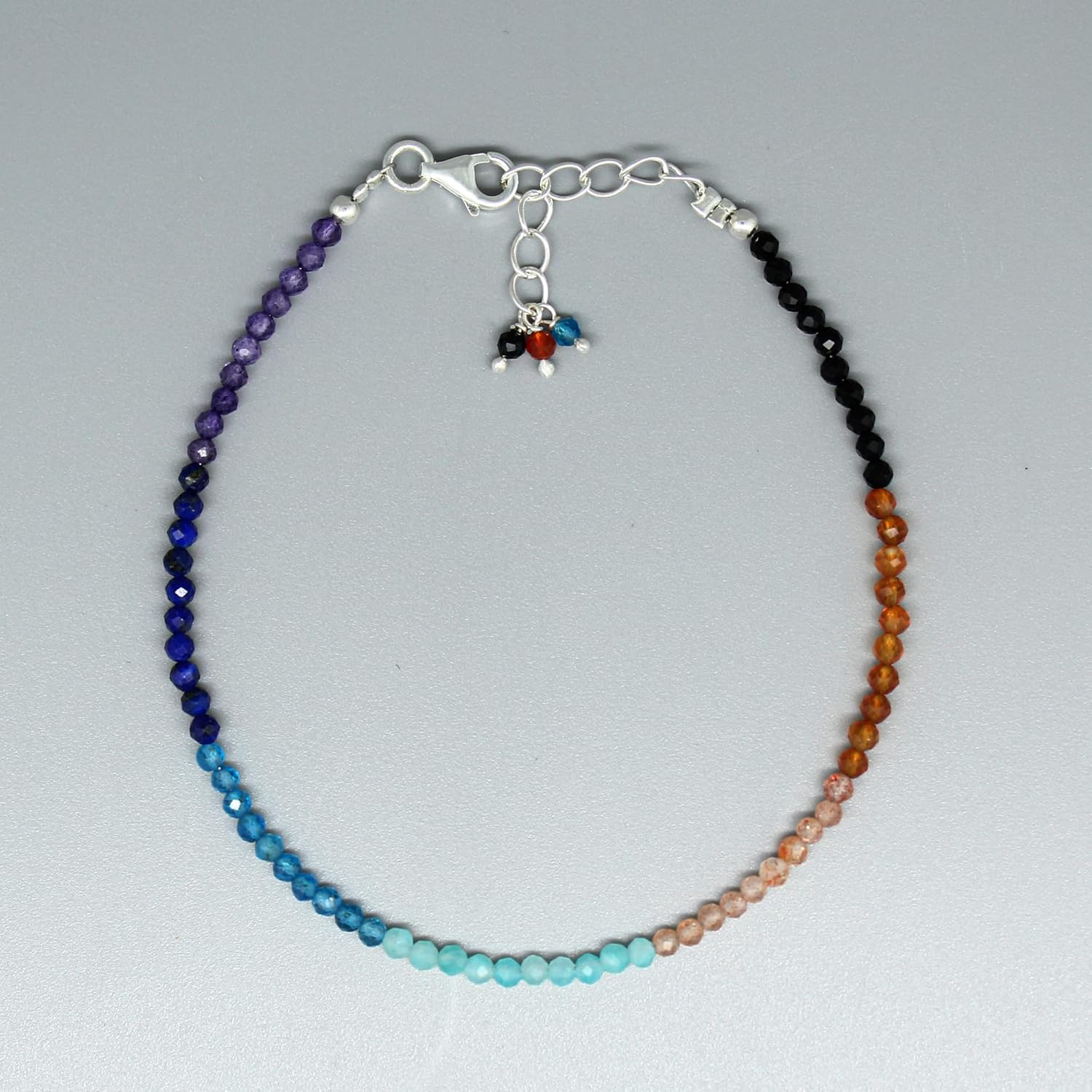 GemInspire Natural Full Beaded 7 Chakra Beads Bracelet, Handmade Jewelry, 925 Sterling Silver 8 Inch Adjustable Chain (7 Chakra)