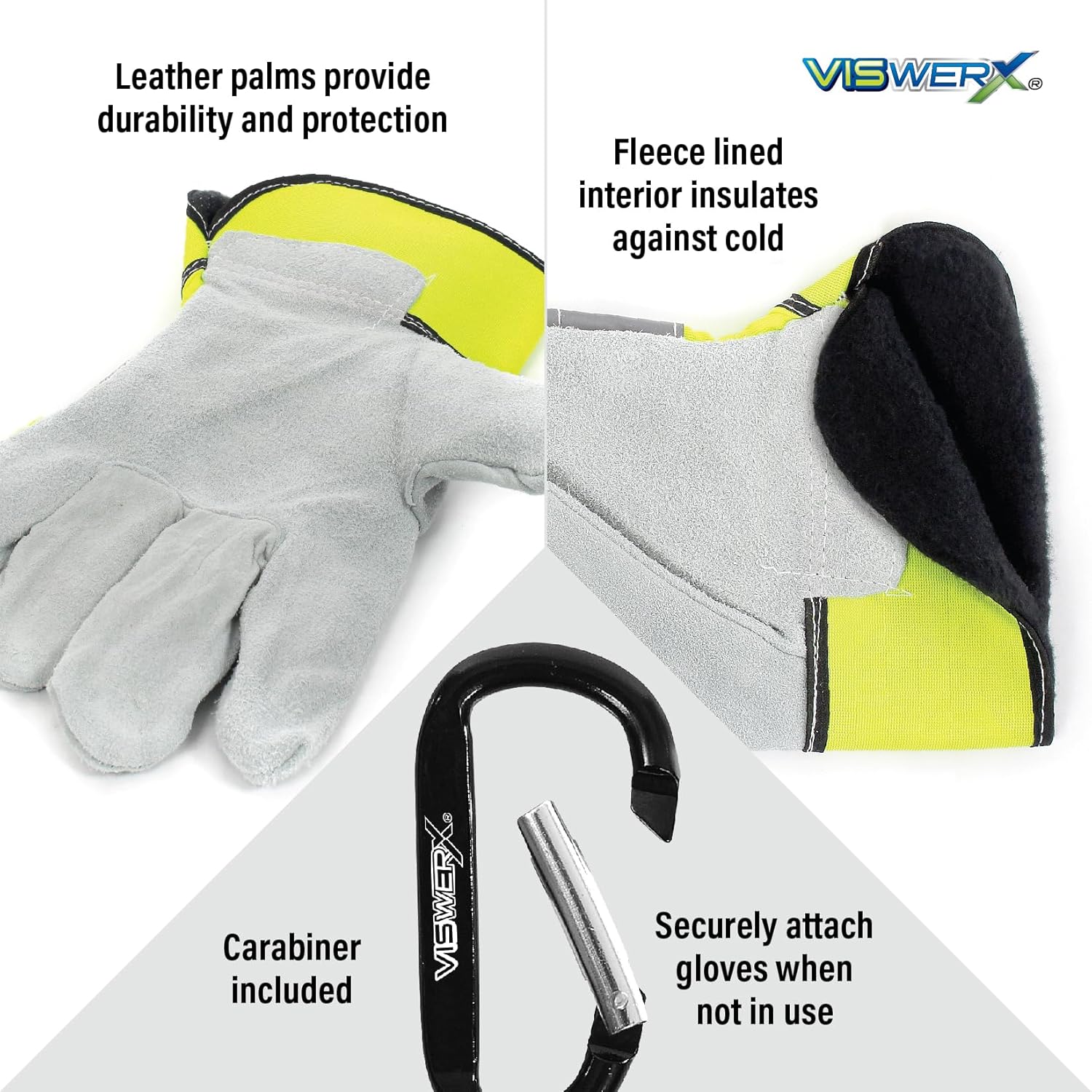 Guante de palma de cuero dividido con forro de alta visibilidad, interior aislado y puño reforzado, guantes de trabajo resistentes, guantes de