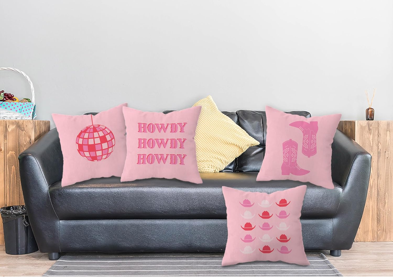 FLDAS Juego de 4 fundas de almohada decorativas de 18 x 18 pulgadas, color rosa intenso, con diseño de vaquera occidental, diseño de bola de