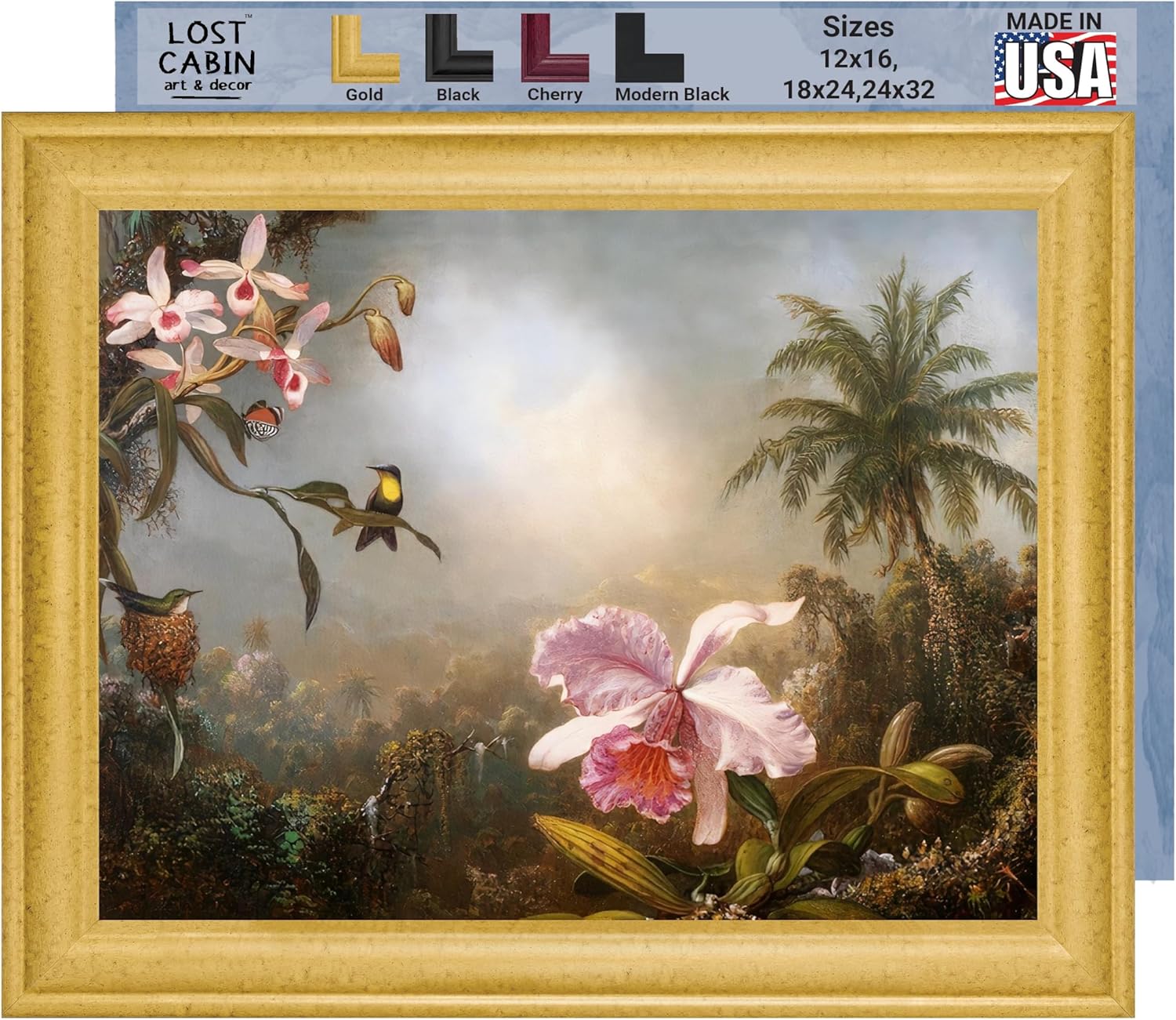 Anidación de orquídeas colibríes y una mariposa por Martin Johnson Heade Lienzo enmarcado para decoración del hogar  Lienzo de reproducción de