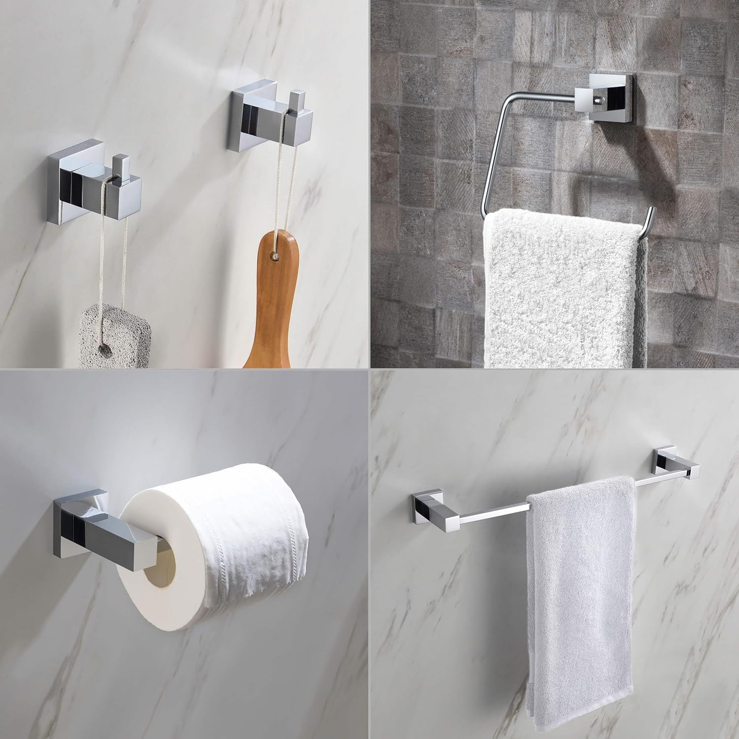 KIBI Cube – Juego de accesorios de baño de 5 piezas  Toallero (18 pulgadas), anillo para toallas, soporte para papel higiénico, ganchos para bata