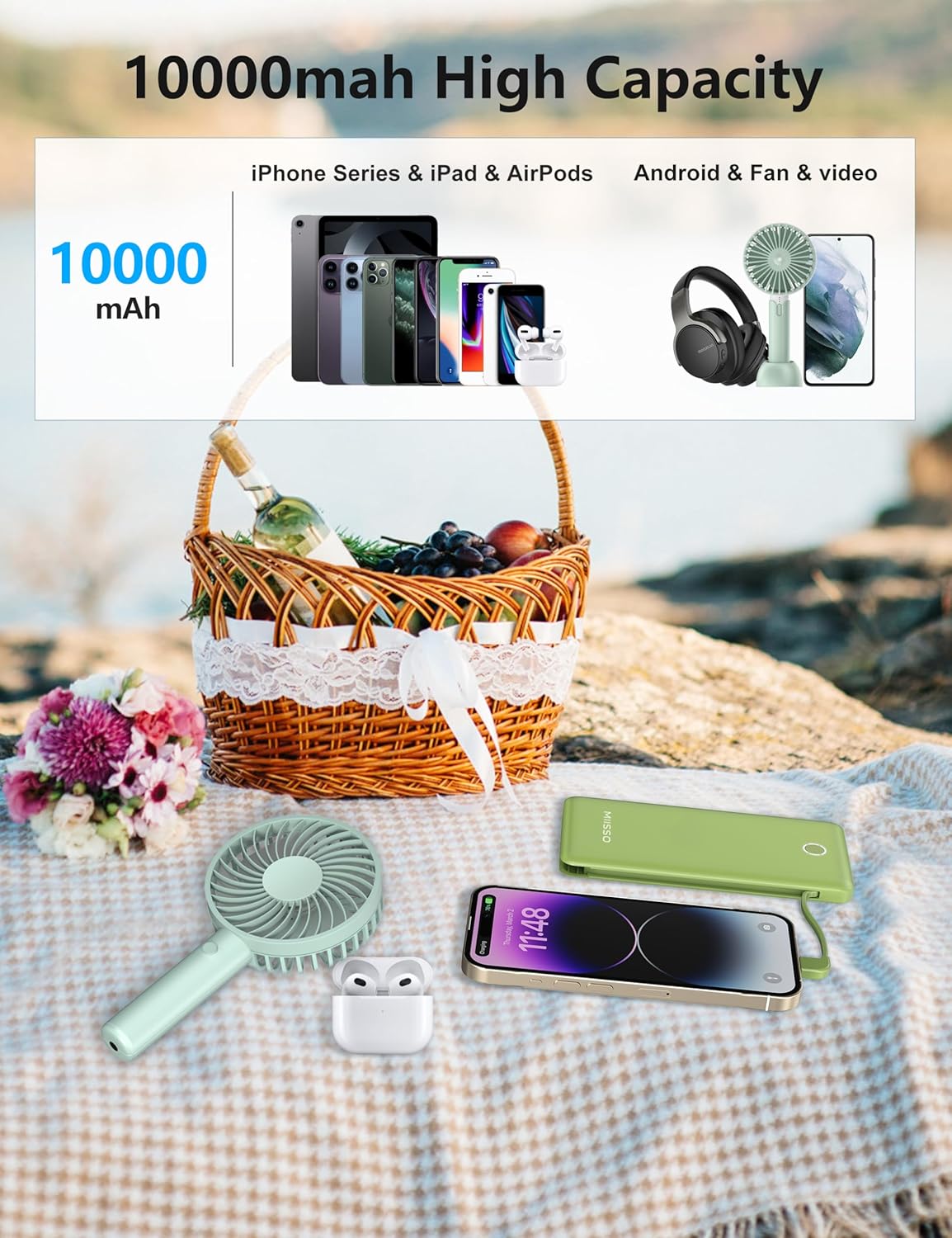 Cargador portátil delgado de 10000 mAh con cable integrado, cargador de teléfono de viaje, paquete de batería externa para teléfono, 4 salidas USB