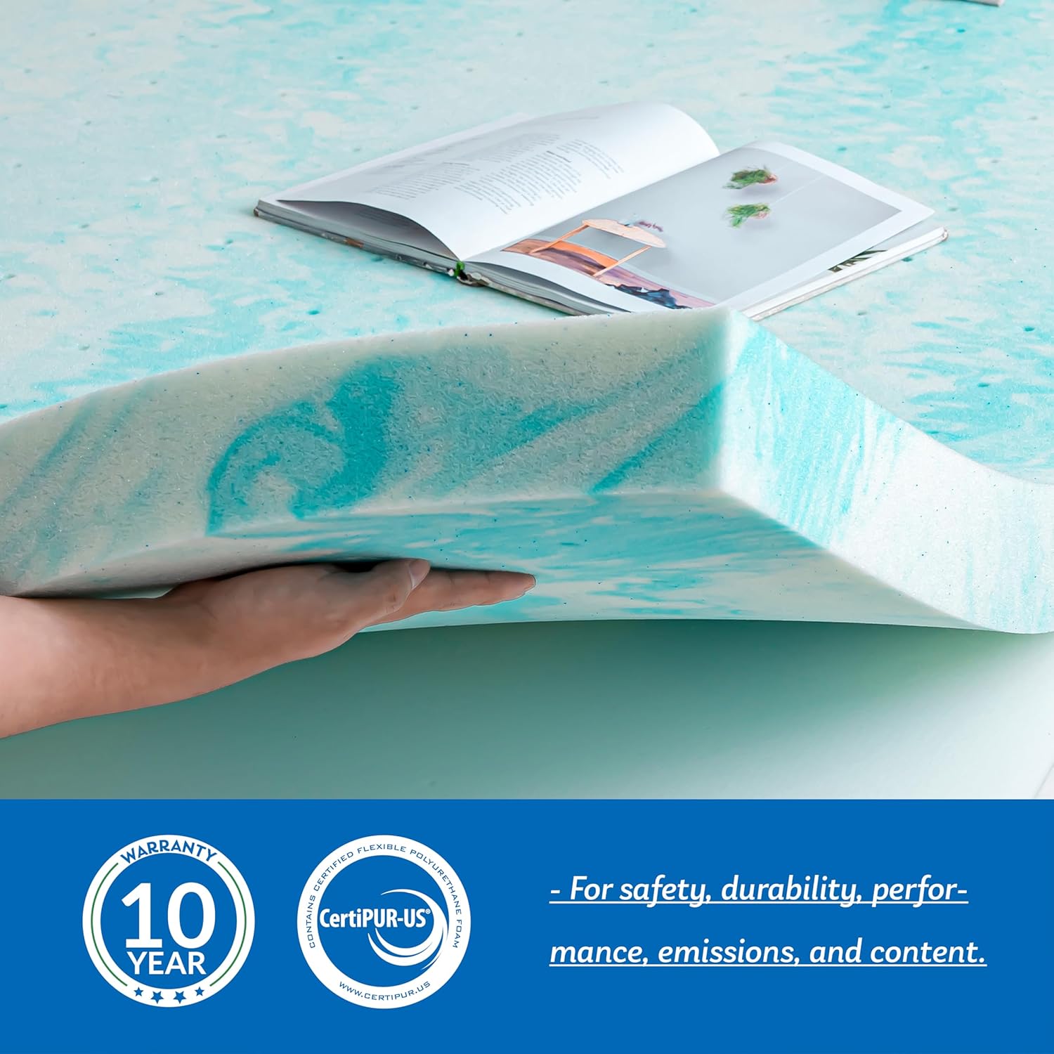 Colchón de espuma viscoelástica individual de 3 pulgadas, infusión de gel, certificado CertiPUR-US, esenciales para el dormitorio, decoración azul