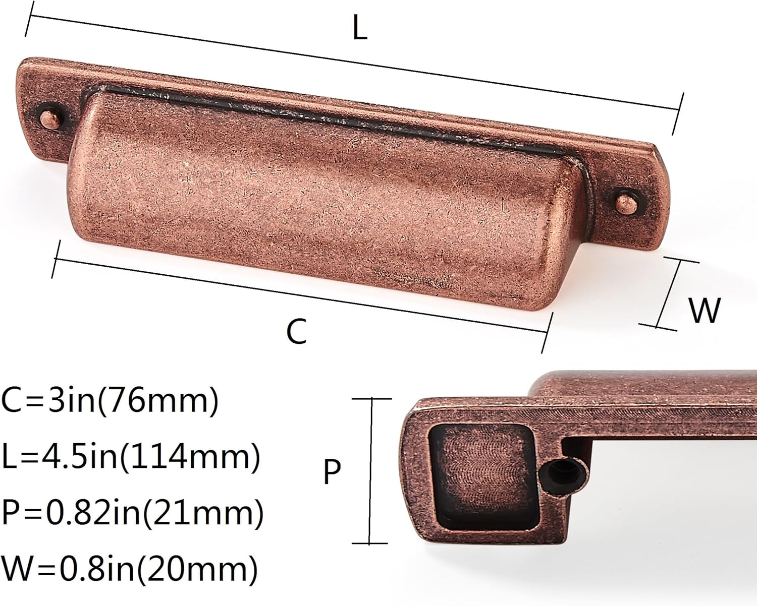 CABDM Paquete de 2 tiradores de taza de 3 pulgadas de centro a centro, tiradores de cobre antiguo para gabinetes, accesorios de gabinete de cocina,