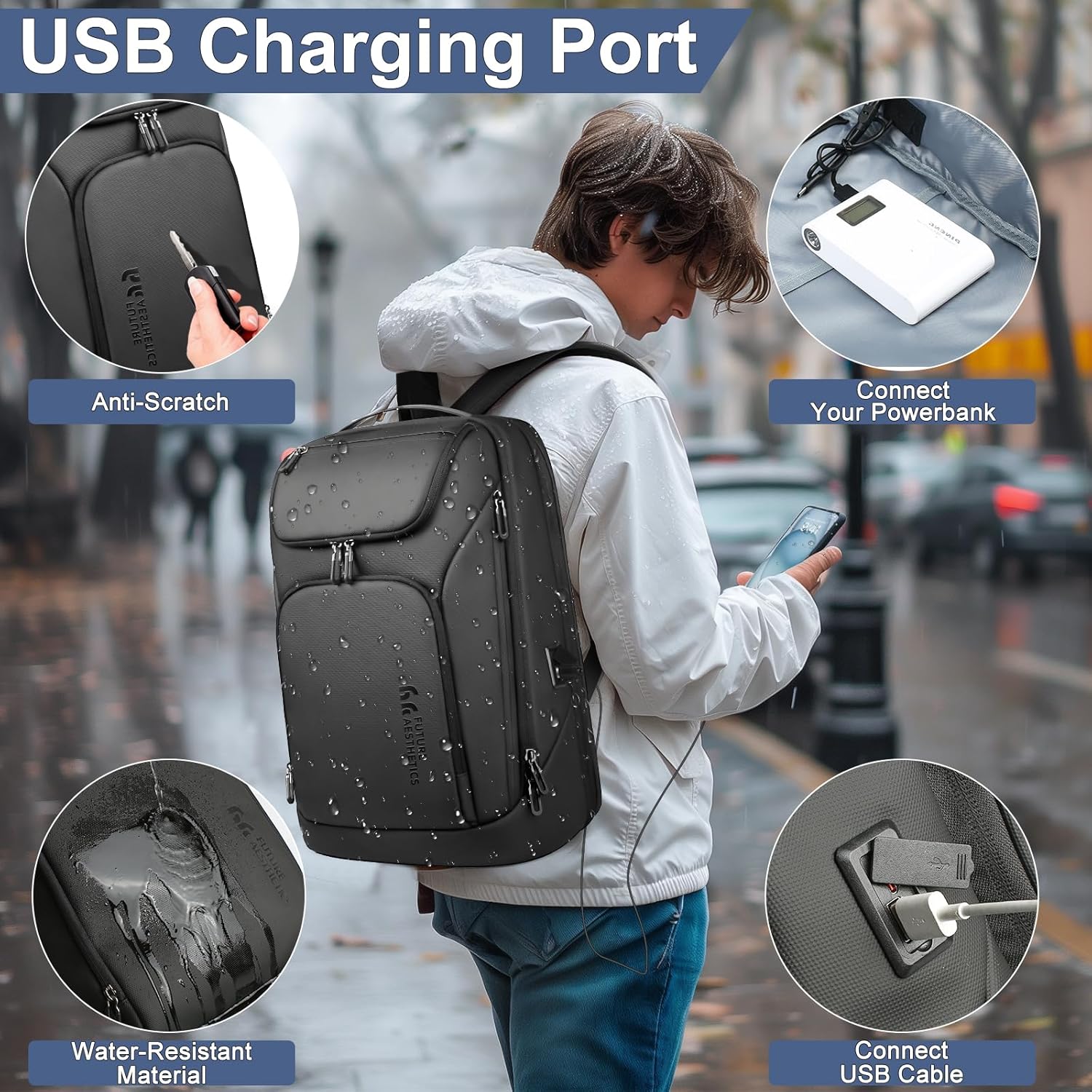 Mochila de negocios para hombre, mochilas antirrobo inteligentes para laptop de 17.3 pulgadas con puerto de carga USB, resistente al agua, mochila