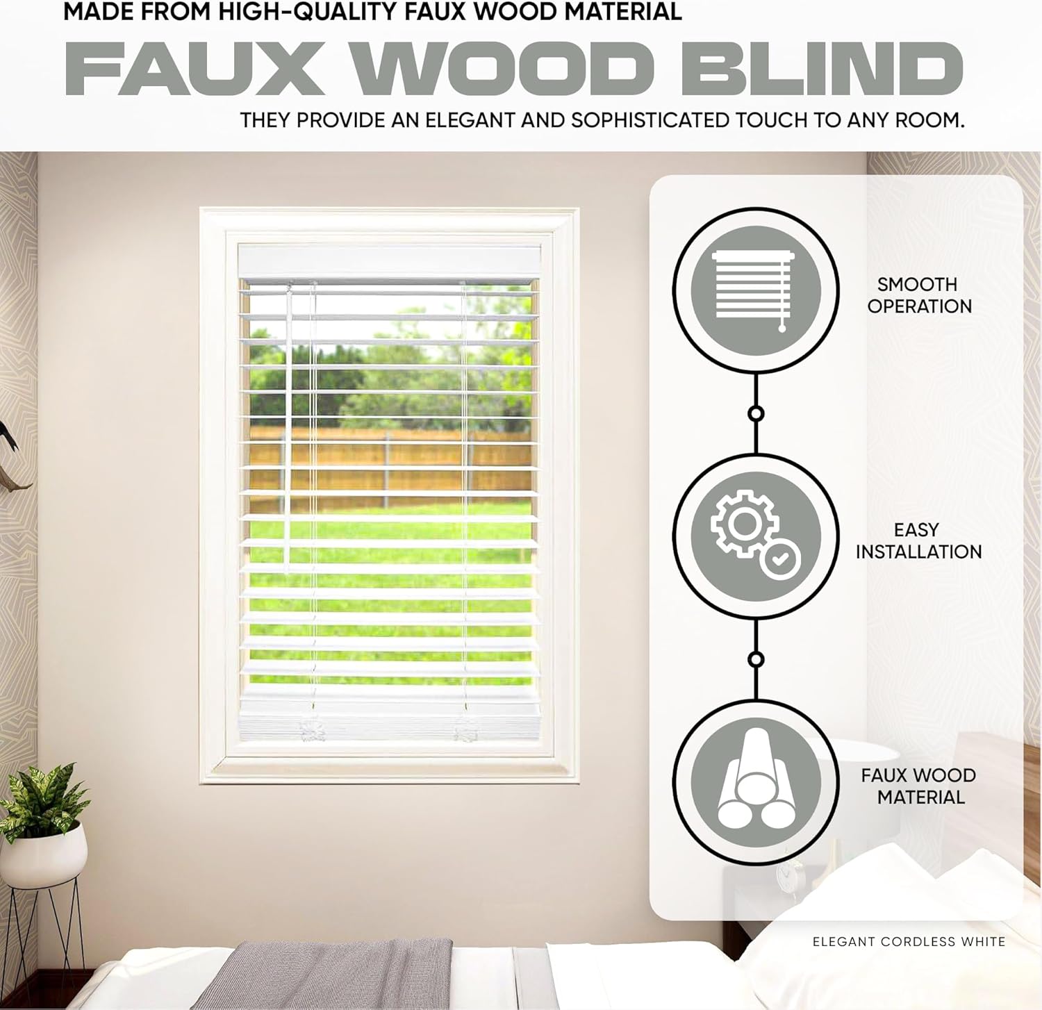 Elegante persiana de madera sintética de 2 pulgadas de color blanco inalámbrico para ventanas de 46 34 pulgadas de ancho x 64 pulgadas de largo,