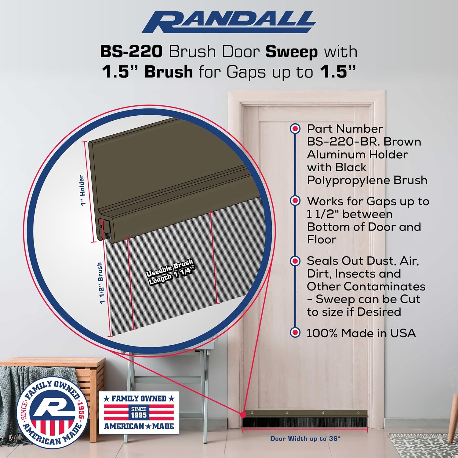Randall Manufacturing Co., Inc  Barridos de puerta  Aluminio y cepillo  Barridos de cepillo para huecos de hasta 1 12 pulgadas  Borde marrón con