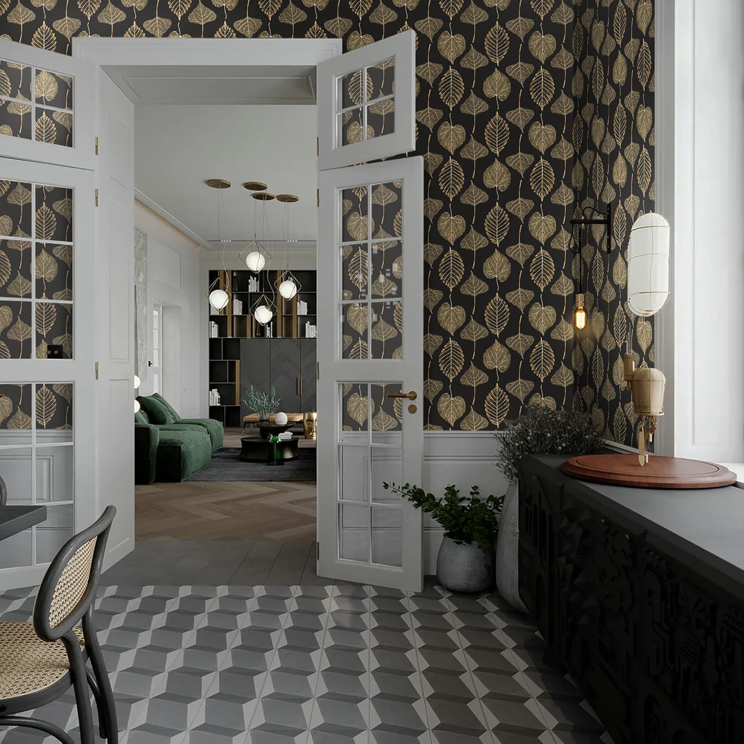 Ismoon Papel tapiz autoadhesivo con textura de hojas, color negro y dorado, autoadhesivo, extraíble, de vinilo grueso, impermeable, apto para