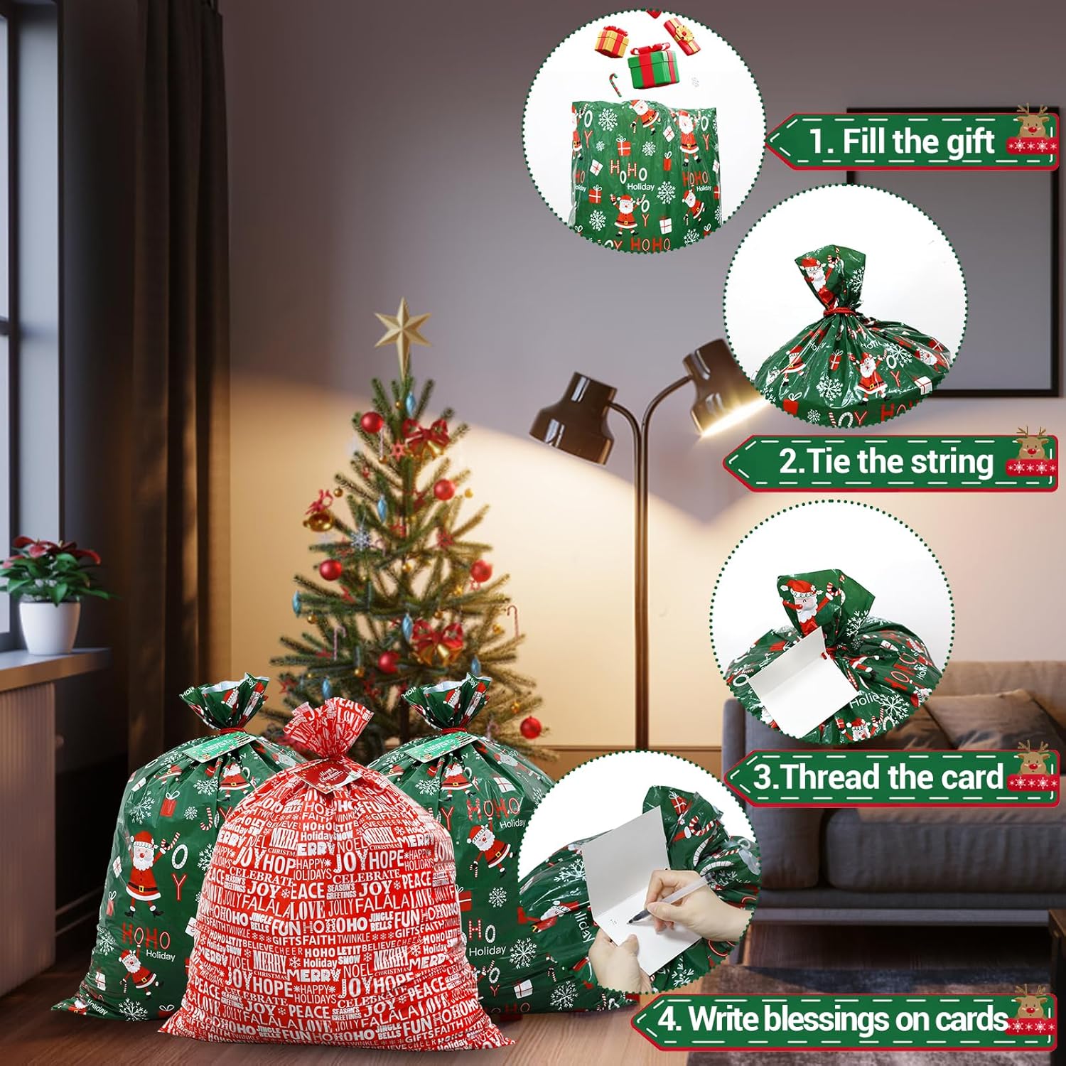 ROSAUI Bolsas grandes de regalo de Navidad y tarjetas de regalo de Navidad, juego de 3 (44.09 x 35.43 pulgadas), bolsa de regalo de plástico PE