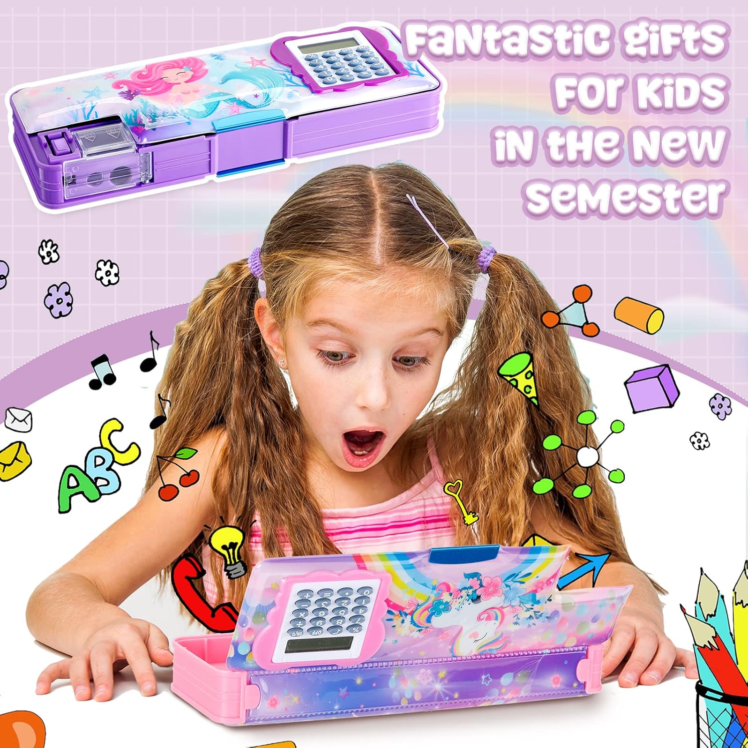 Henoyso Caja de lápices para niñas, estuche de sirena con calculadora y sacapuntas, estuche multifunción para lápices, suministros escolares, regalo