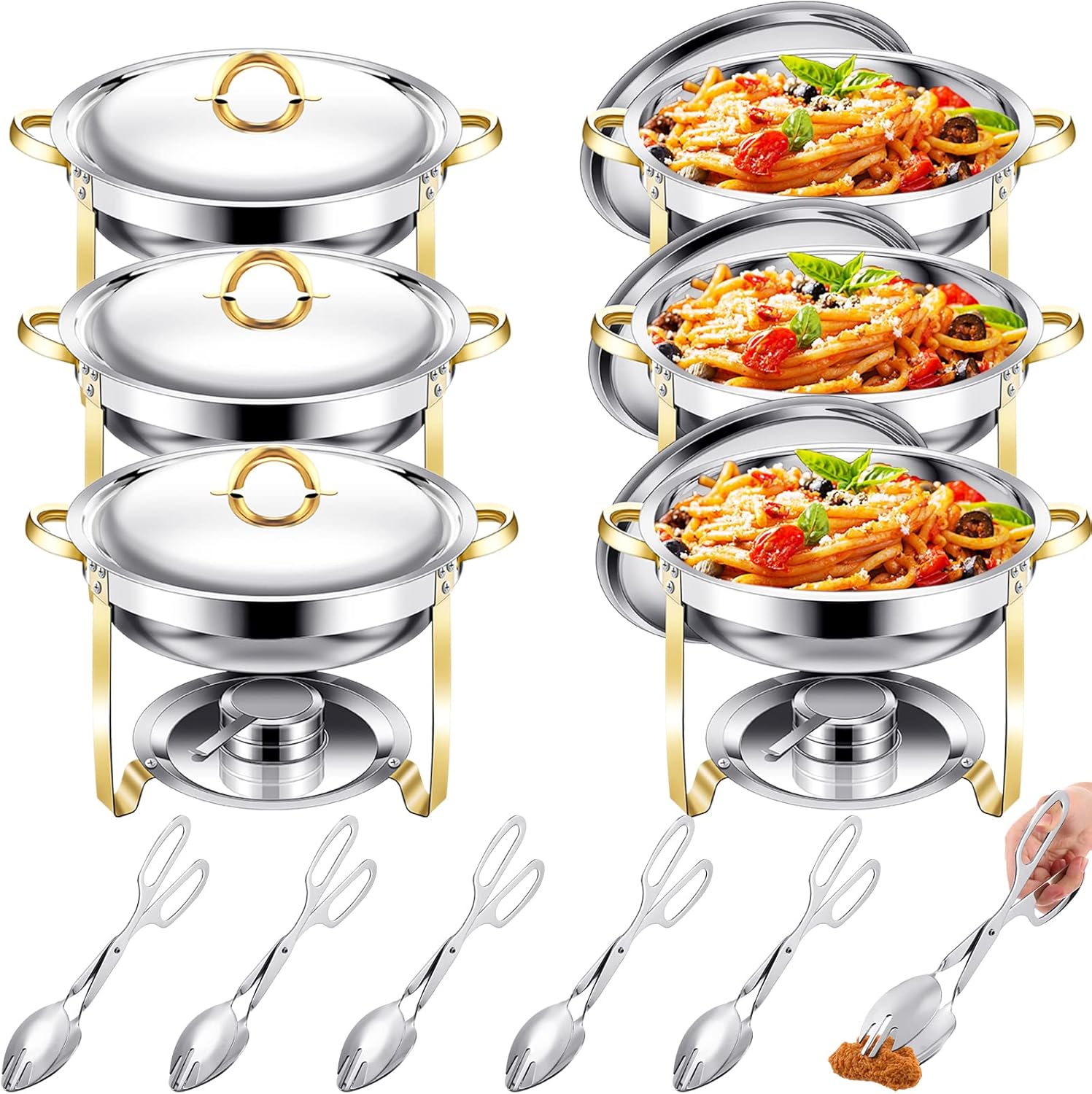 Juego de 6 platos de buffet con 6 pinzas, juego de calentador de alimentos de acero inoxidable, 3.7 cuartos de galón de capacidad redondo con tapa