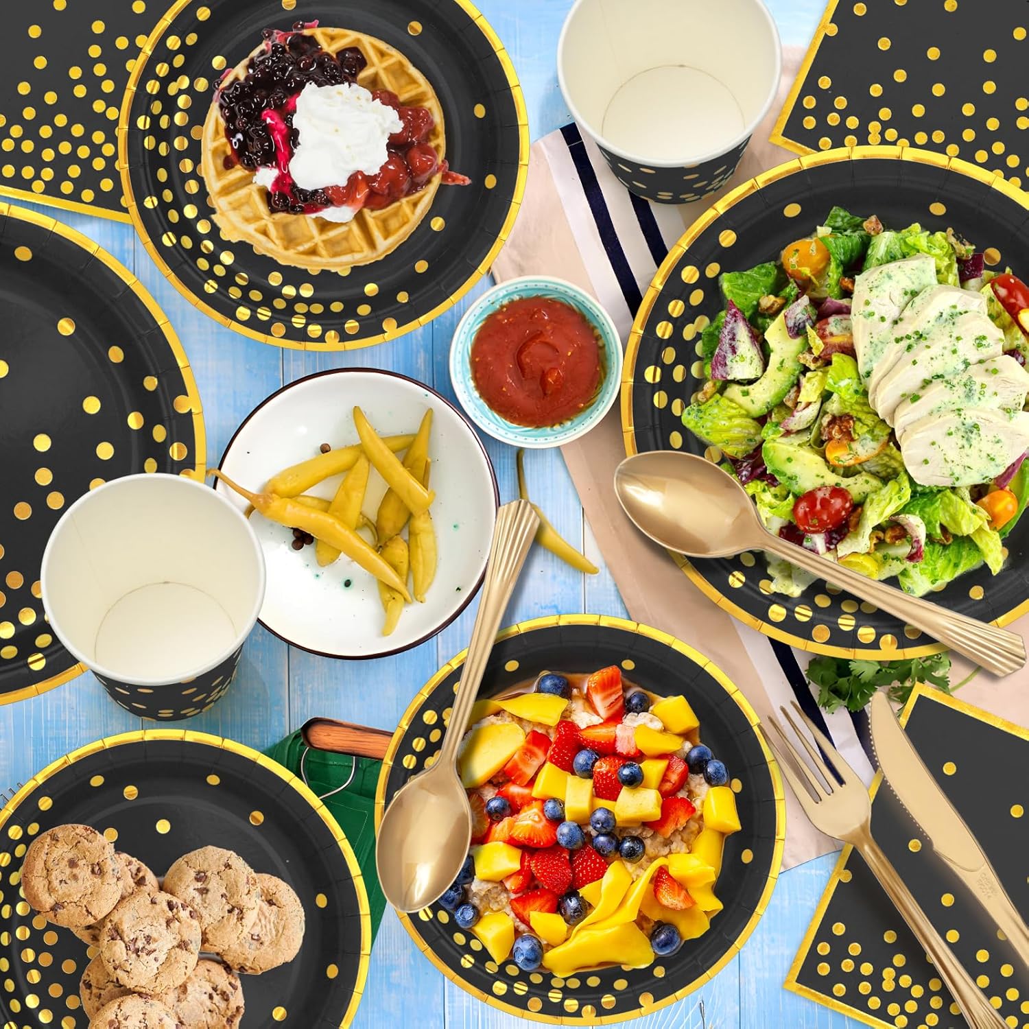 CENLBJ Black and Gold Party Supplies-Golden Dot Paper Plates,Black Napkins&Cups and Plastic Utensils,Gold Rim Disposable Paper Tableware for
