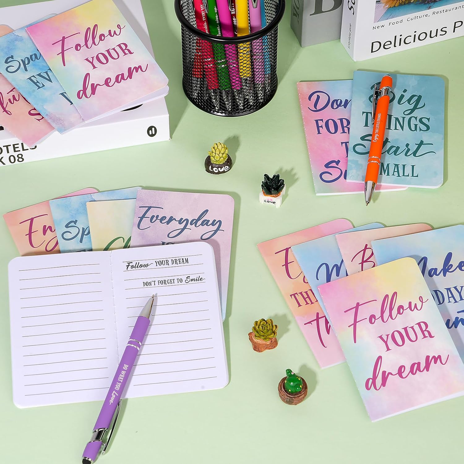 Juego de 96 bolígrafos motivacionales de acuarela a granel, bloc de notas inspiradoras, cuadernos de bolsillo con cita motivacional, bolígrafos,