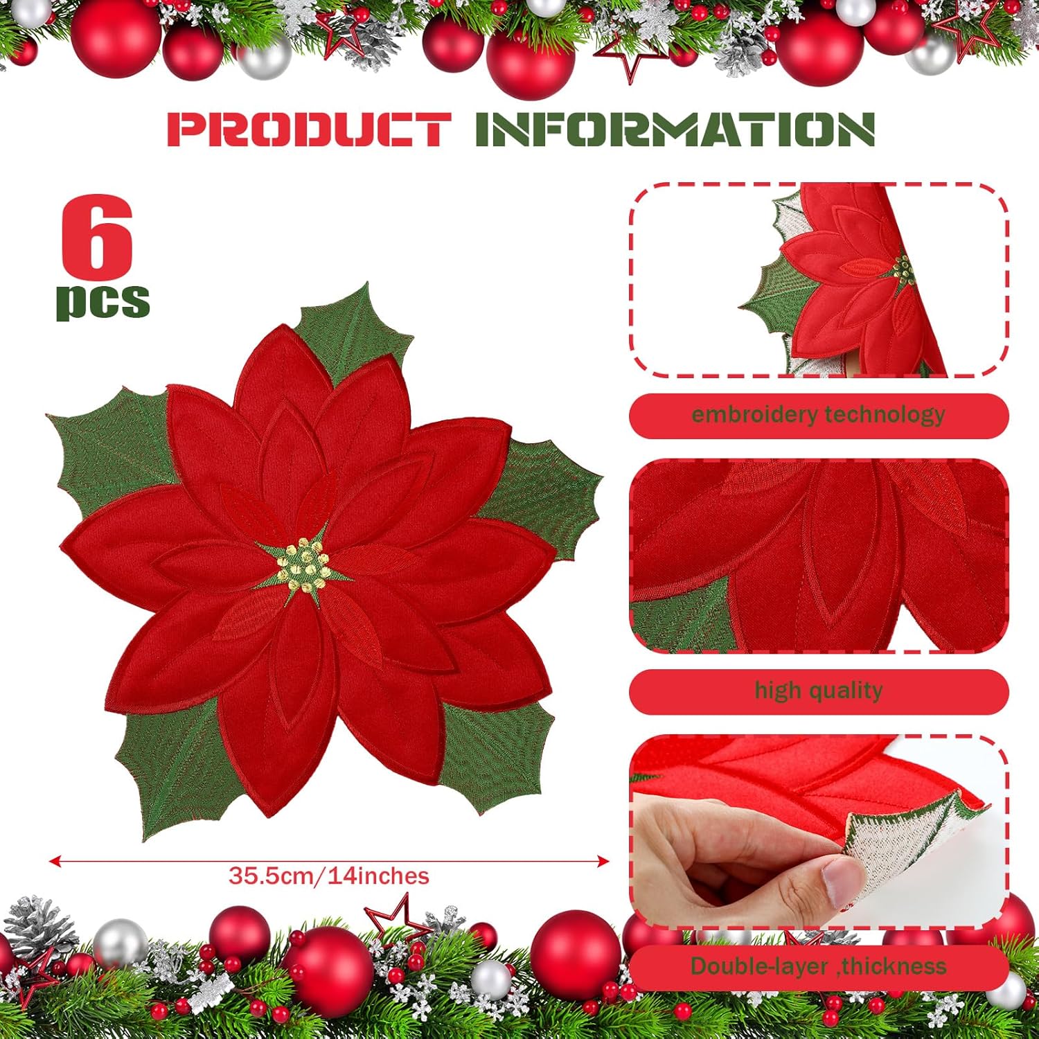 Yingzhao 6 manteles individuales bordados de flor de pascua de Navidad de doble capa, manteles individuales con apliques rojos, manteles