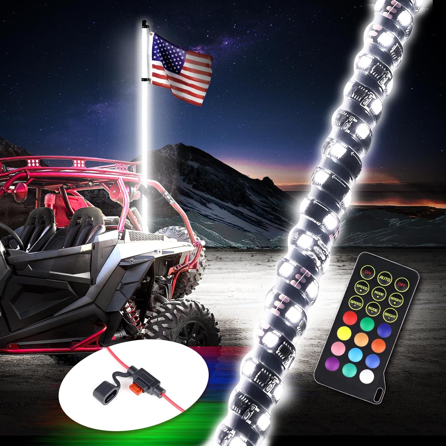 1 luz LED RGBW de 2 pies, color de ensueño + color blanco puro, control remoto RF, látigos iluminados para Can-Am ATV UTV RZR Polaris Offroad Truck