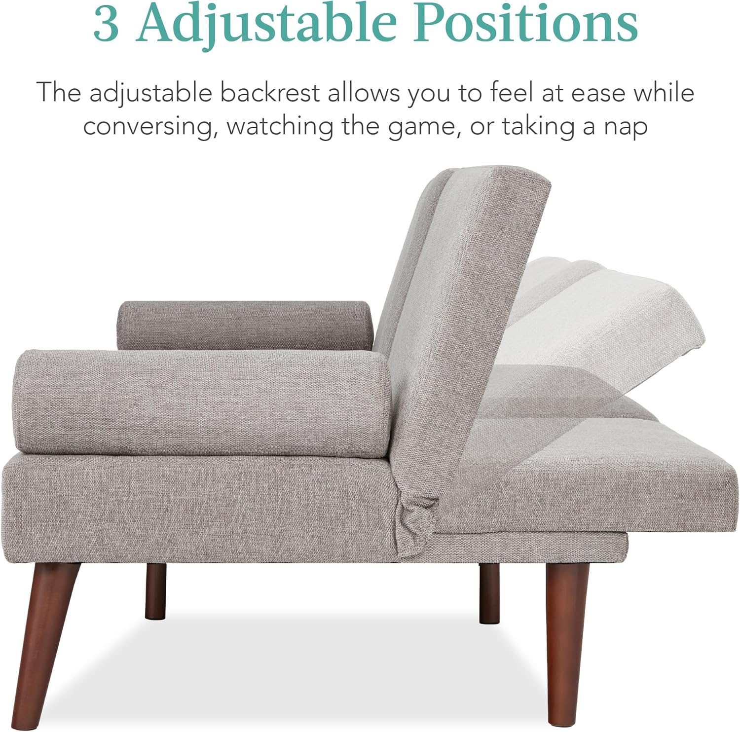 Best Choice Products Mid-Century – Futón tapizado moderno, sofá cama plegable convertible, sofá pequeño con reposabrazos redondeados, 2 portavasos,