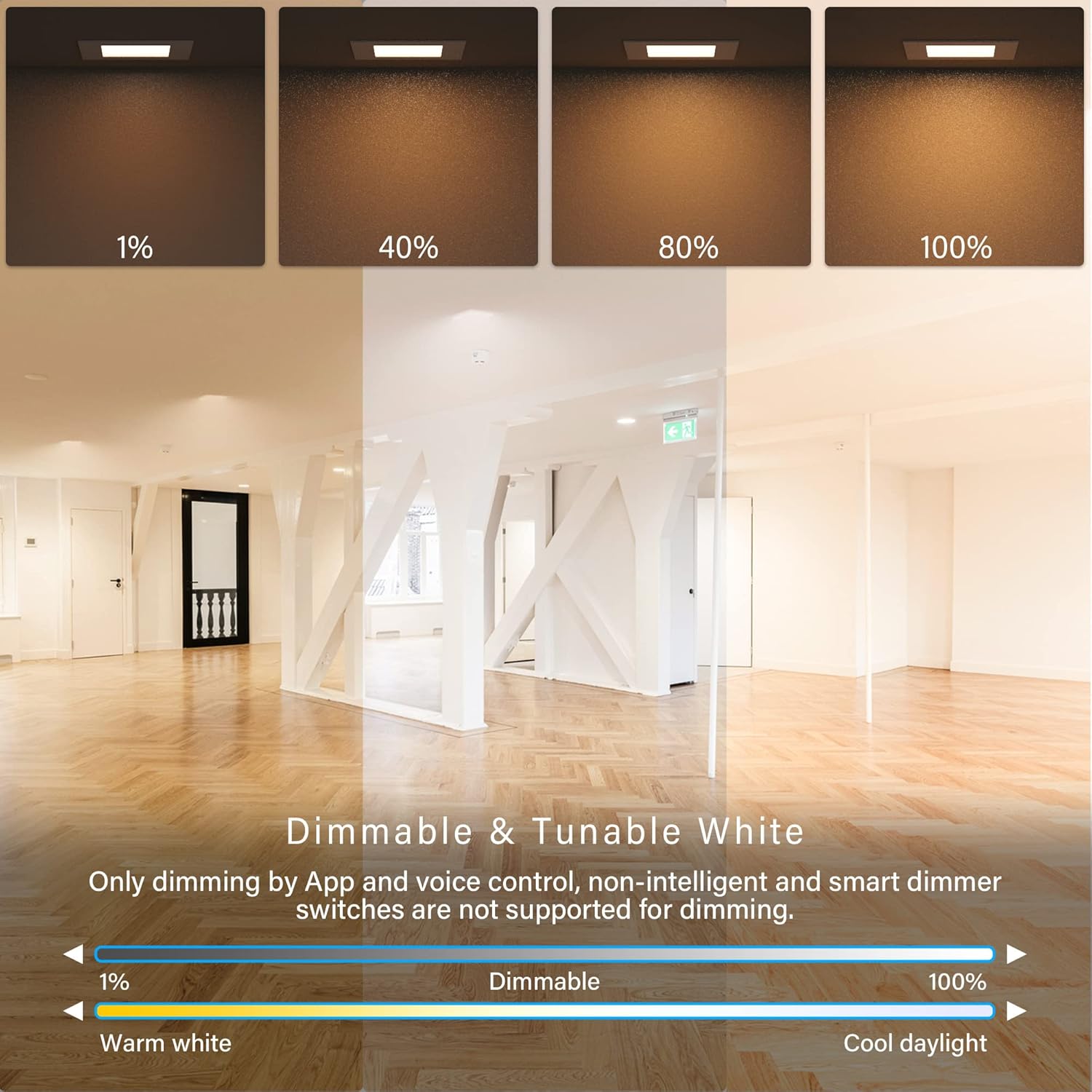 Luz LED inteligente empotrable delgada de 4 pulgadas, cuadrada, aplicación WiFi y control de voz, 120 V, 9 W, 600 LM, RGB + 2700K-6000K,