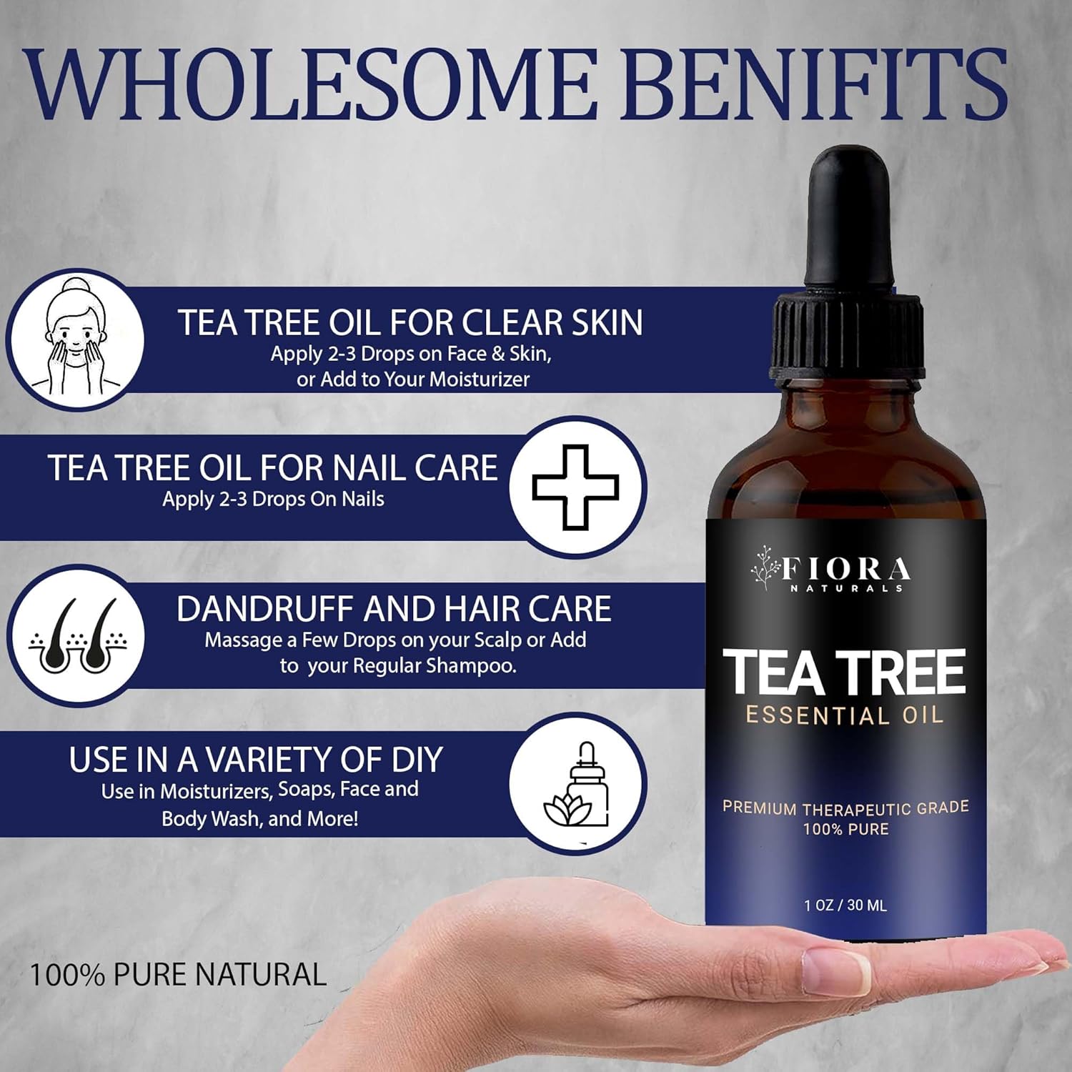 Fiora Naturals Aceite de árbol de té para piel, cara, cabello y uñas de los pies – Aceite esencial de árbol de té 100% puro para humidificador,